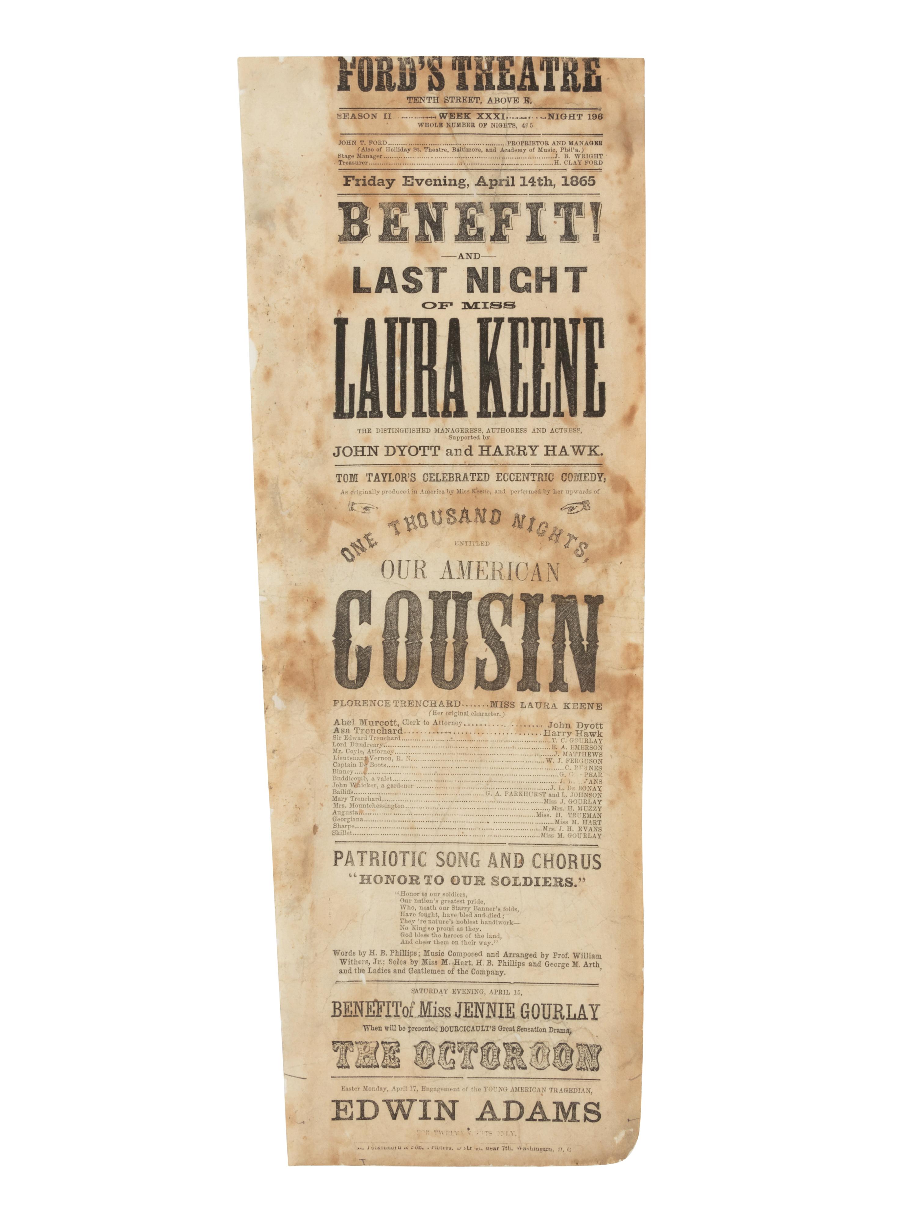 [LINCOLN ASSASSINATION]. An orchestra seat ticket stub for the 14 April 1865 performance of Our American Cousin at Ford's Theatre.