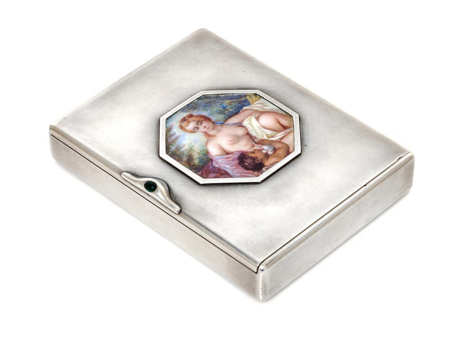 A Russian Silver Cigarette Case, Maker's mark Cyrillic AKh, Moscow, early 20th century, the lid centered by an octagonal painted scene
