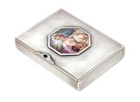A Russian Silver Cigarette Case, Maker's mark Cyrillic AKh, Moscow, early 20th century, the lid centered by an octagonal painted scene