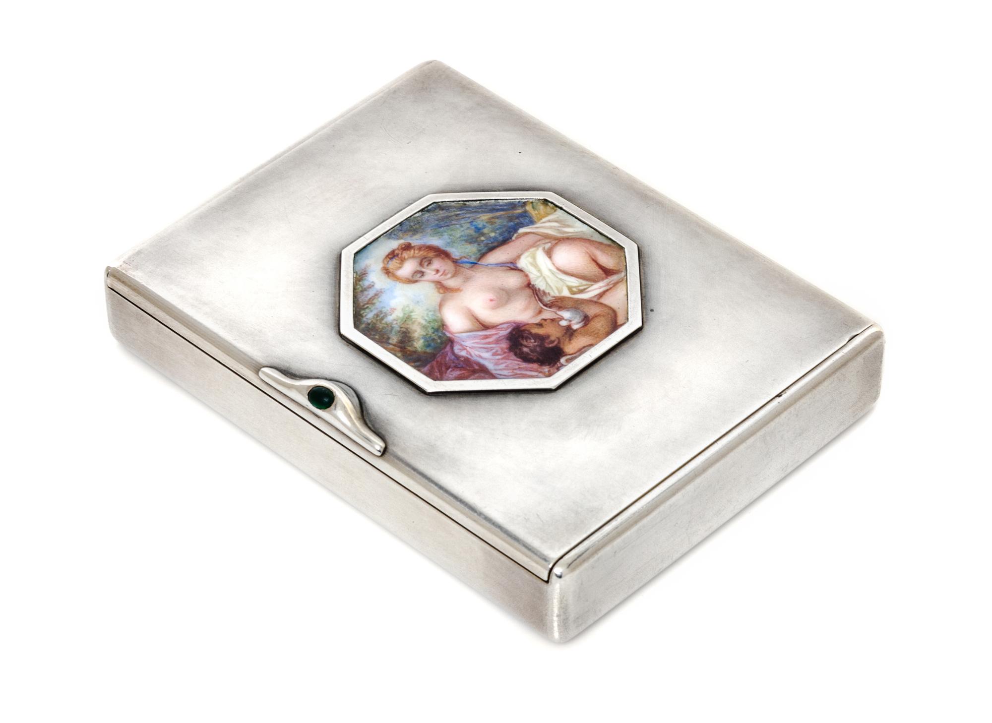 A Russian Silver Cigarette Case, Maker's mark Cyrillic AKh, Moscow, early 20th century, the lid centered by an octagonal painted scene