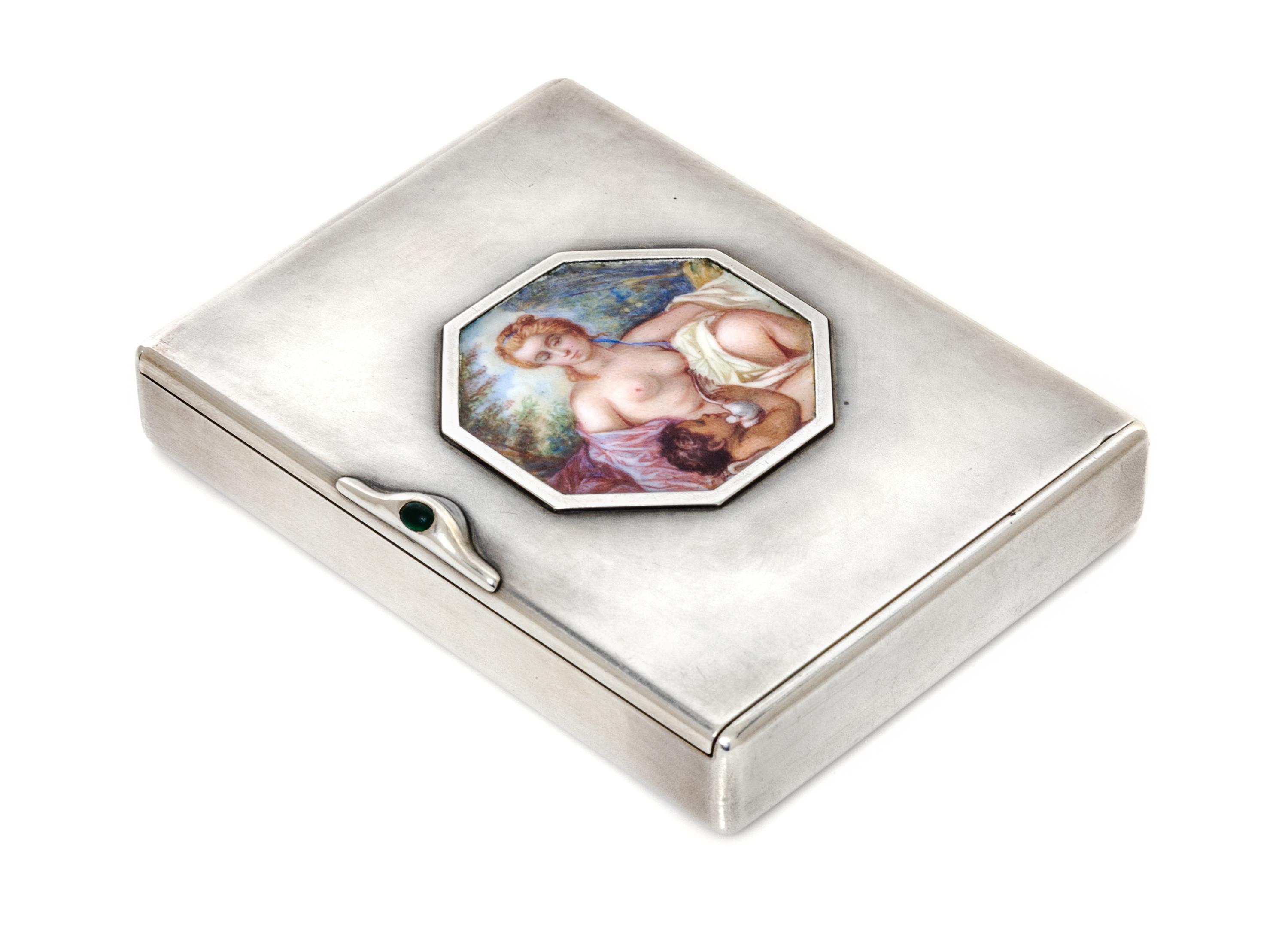 A Russian Silver Cigarette Case, Maker's mark Cyrillic AKh, Moscow, early 20th century, the lid centered by an octagonal painted scene