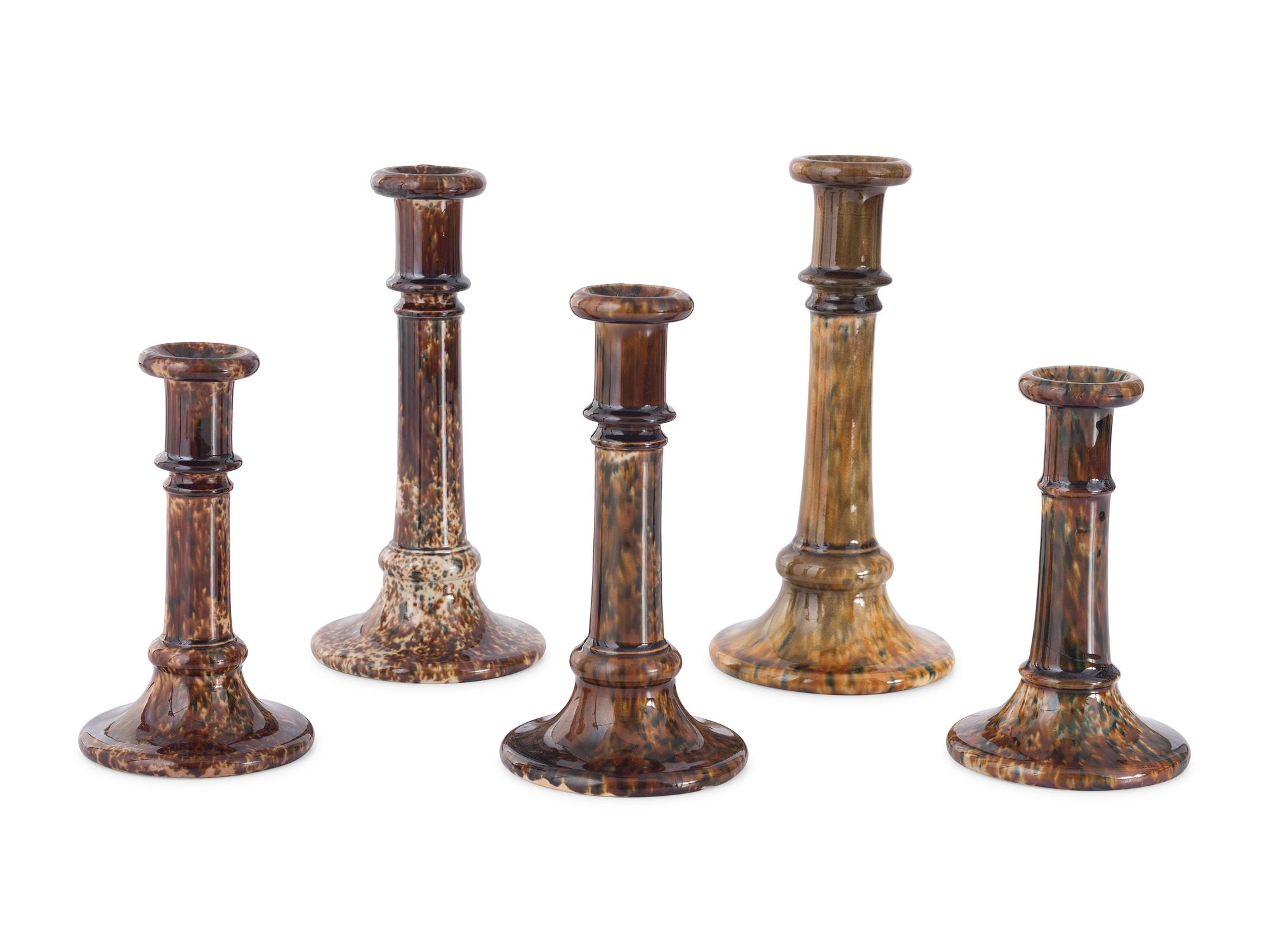 Five Rockingham Glaze Candlesticks