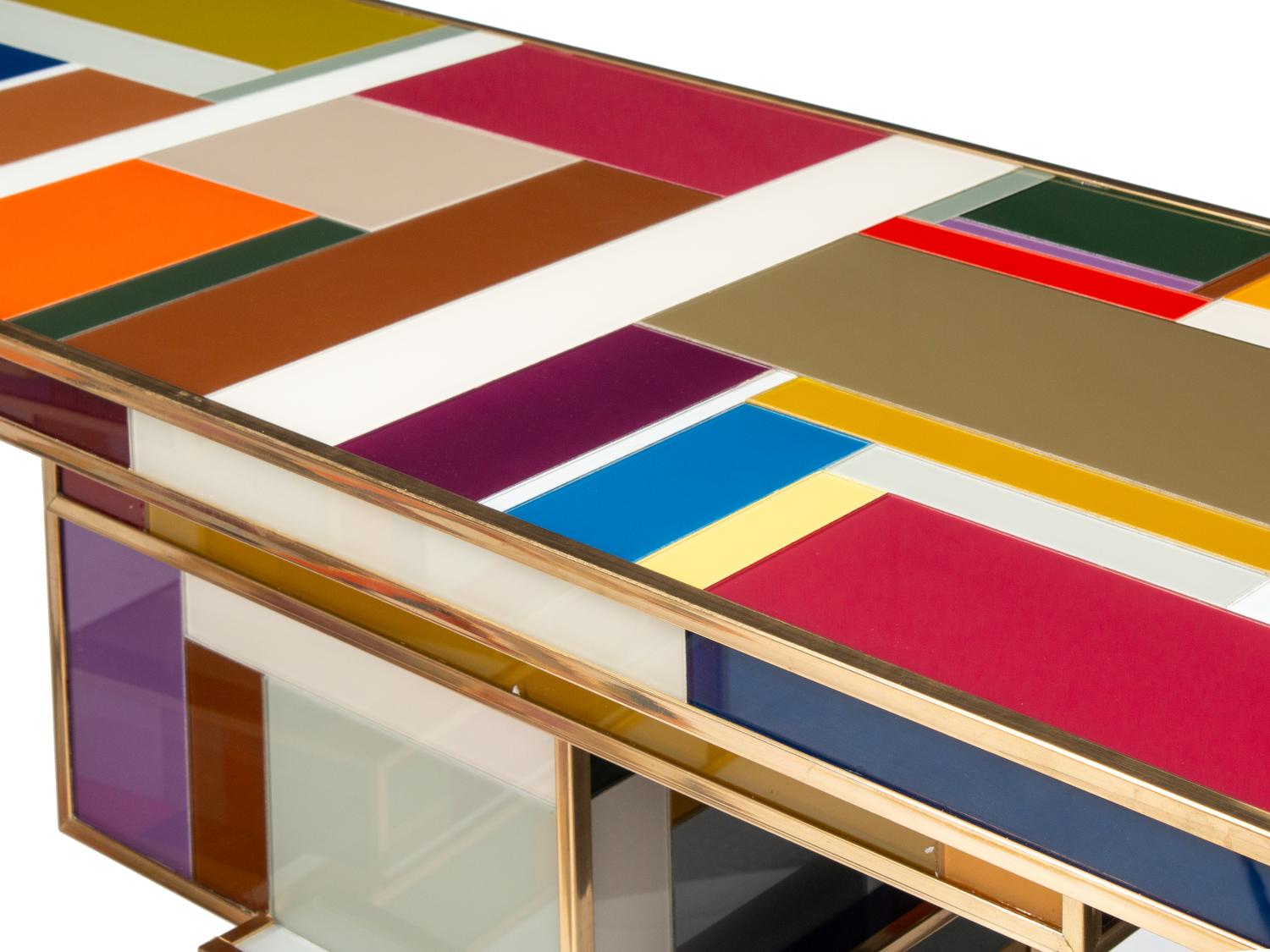 A Pair of Modernist Brass and Polychrome Glass Console Tables