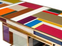 A Pair of Modernist Brass and Polychrome Glass Console Tables