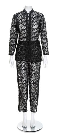 Black Net Embroidered Two Piece Pant Ensemble, 1960-70s