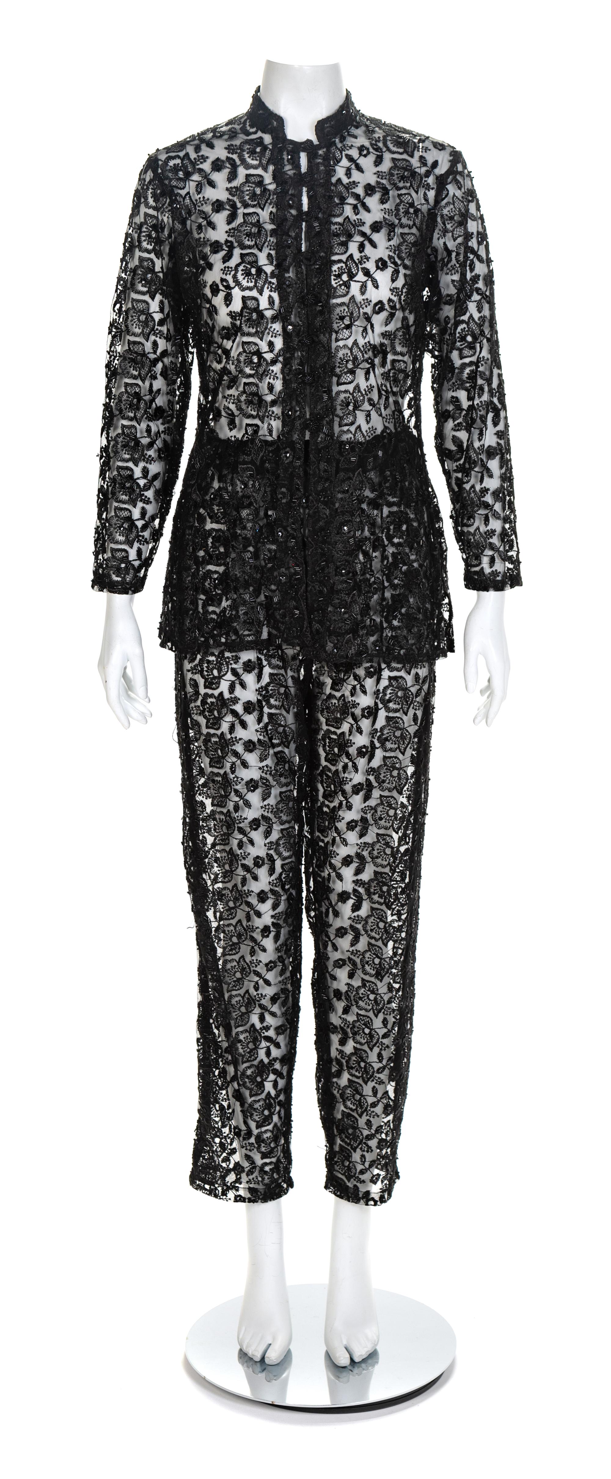 Black Net Embroidered Two Piece Pant Ensemble, 1960-70s