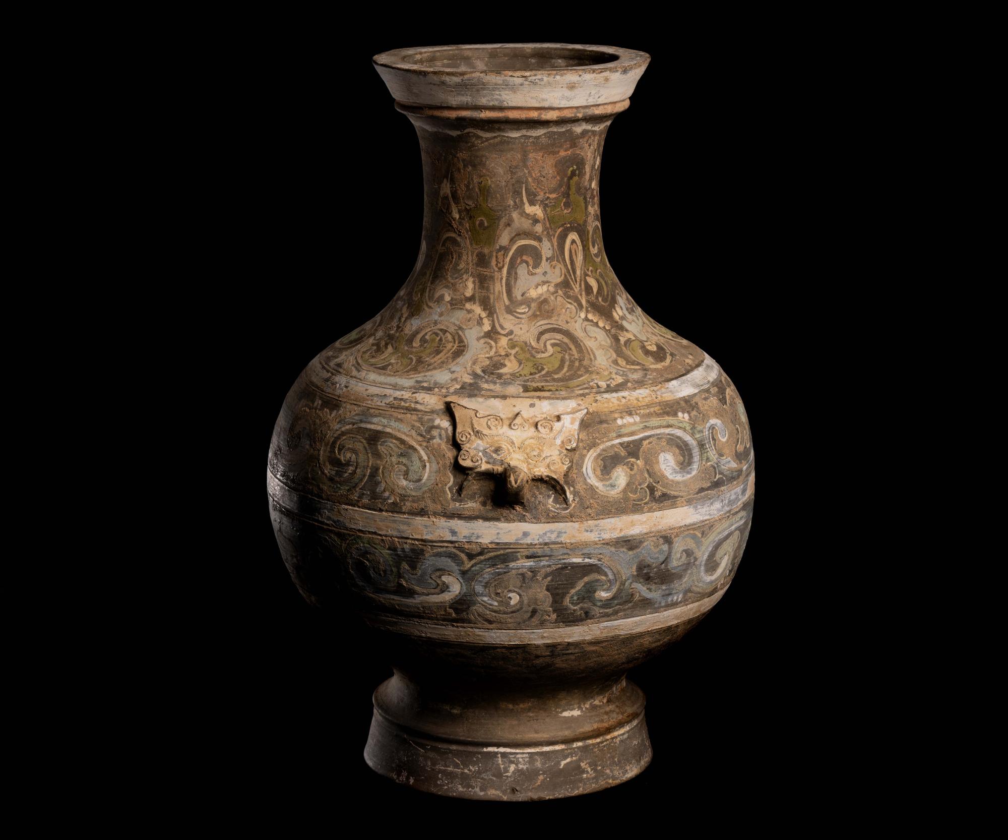 A Chinese Polychrome Painted Grey Pottery Hu, Han Dynasty 漢 彩繪灰陶壺