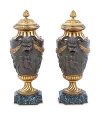 A Pair of Neoclassical Gilt and Patinated Bronze Urns