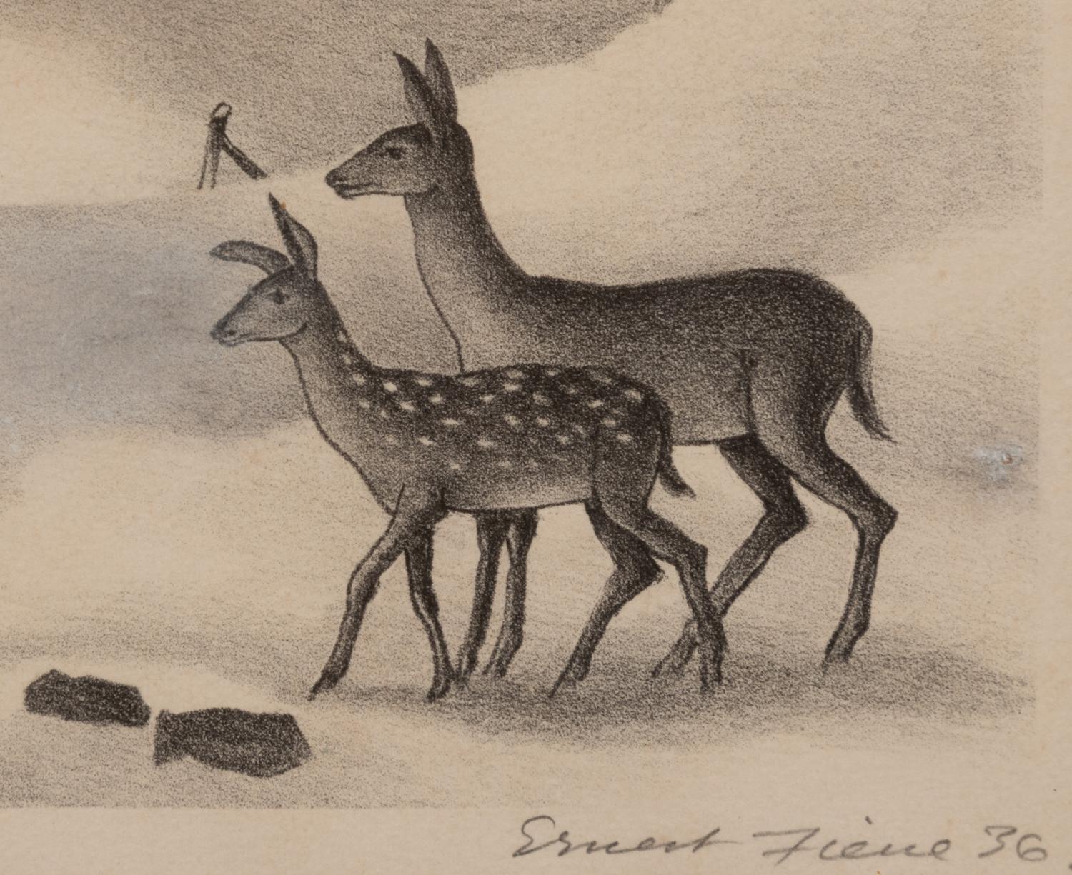 A group of four American prints (Ernest Fiene, New Snow ; Ernest Fiene, Rural Village ; Kyra Markham; Winter Twilight ; Ronau Woiceske, Winter Chores)