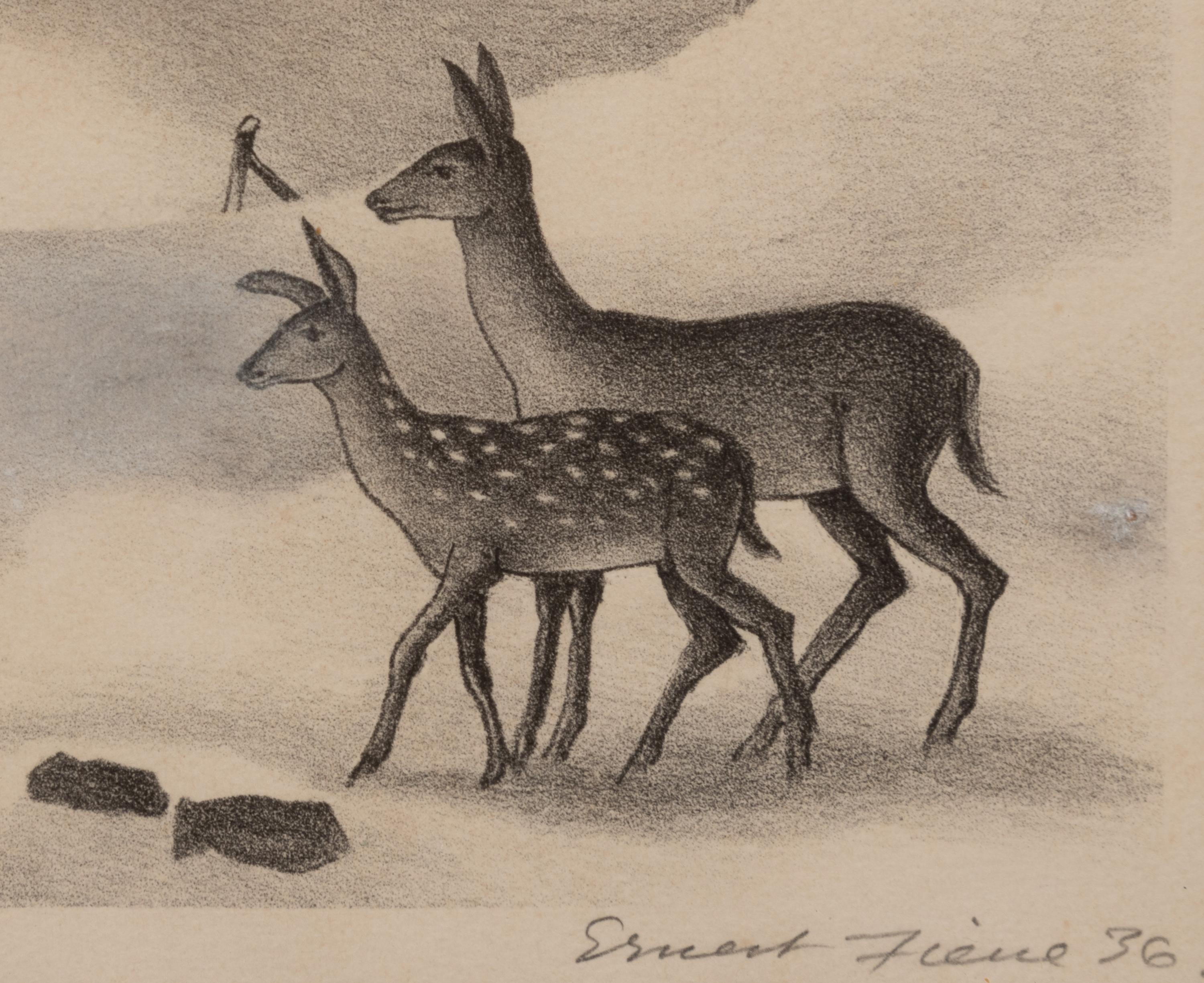 A group of four American prints (Ernest Fiene, New Snow ; Ernest Fiene, Rural Village ; Kyra Markham; Winter Twilight ; Ronau Woiceske, Winter Chores)
