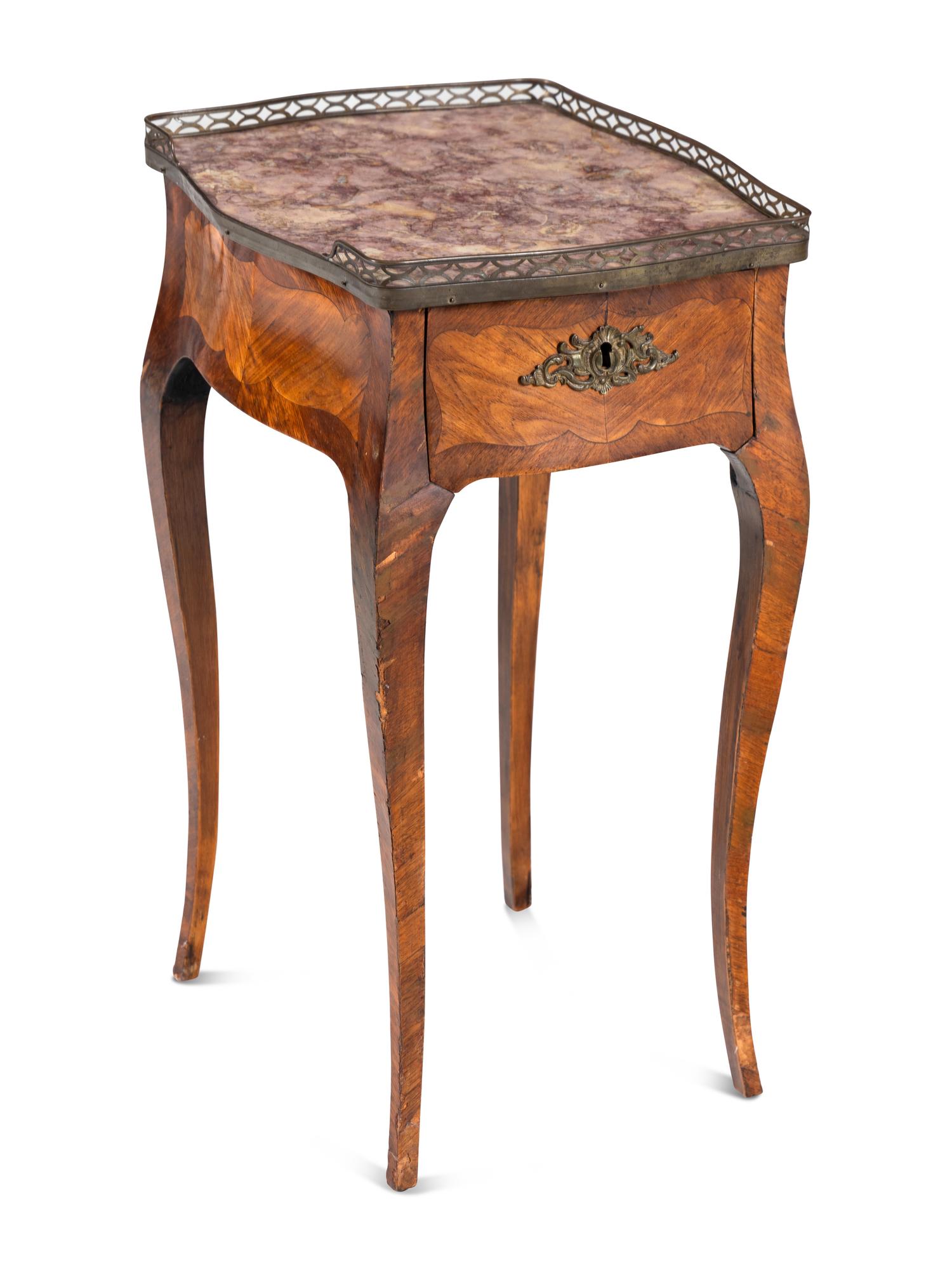 A Louis XV Kingwood and Tulipwood Parquetry Marble Inset Side Table