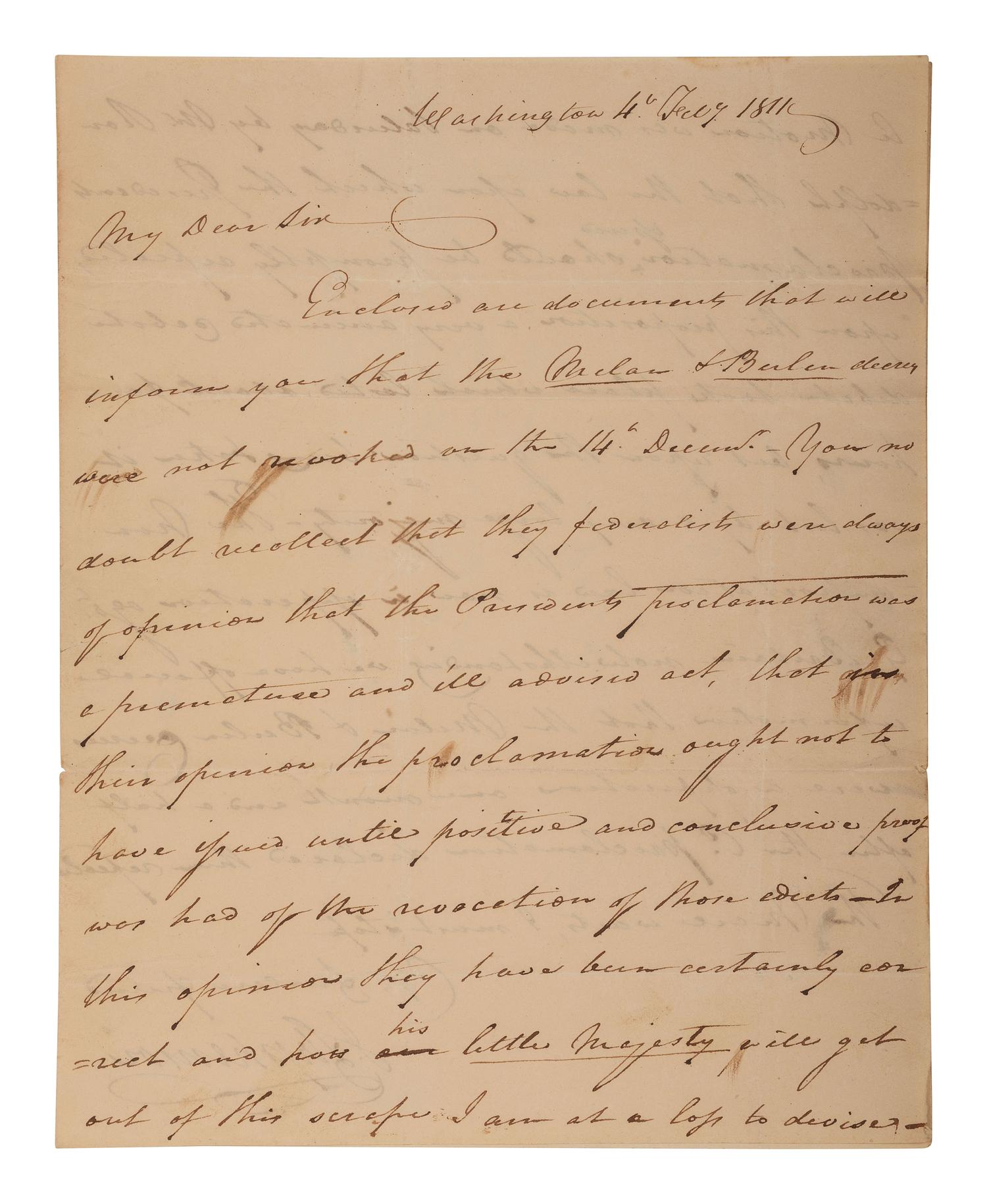 [POLITICS] [WAR OF 1812]. 2 ALSs , including letters from James STEPHENSON (1764-1833) & William VERNON.