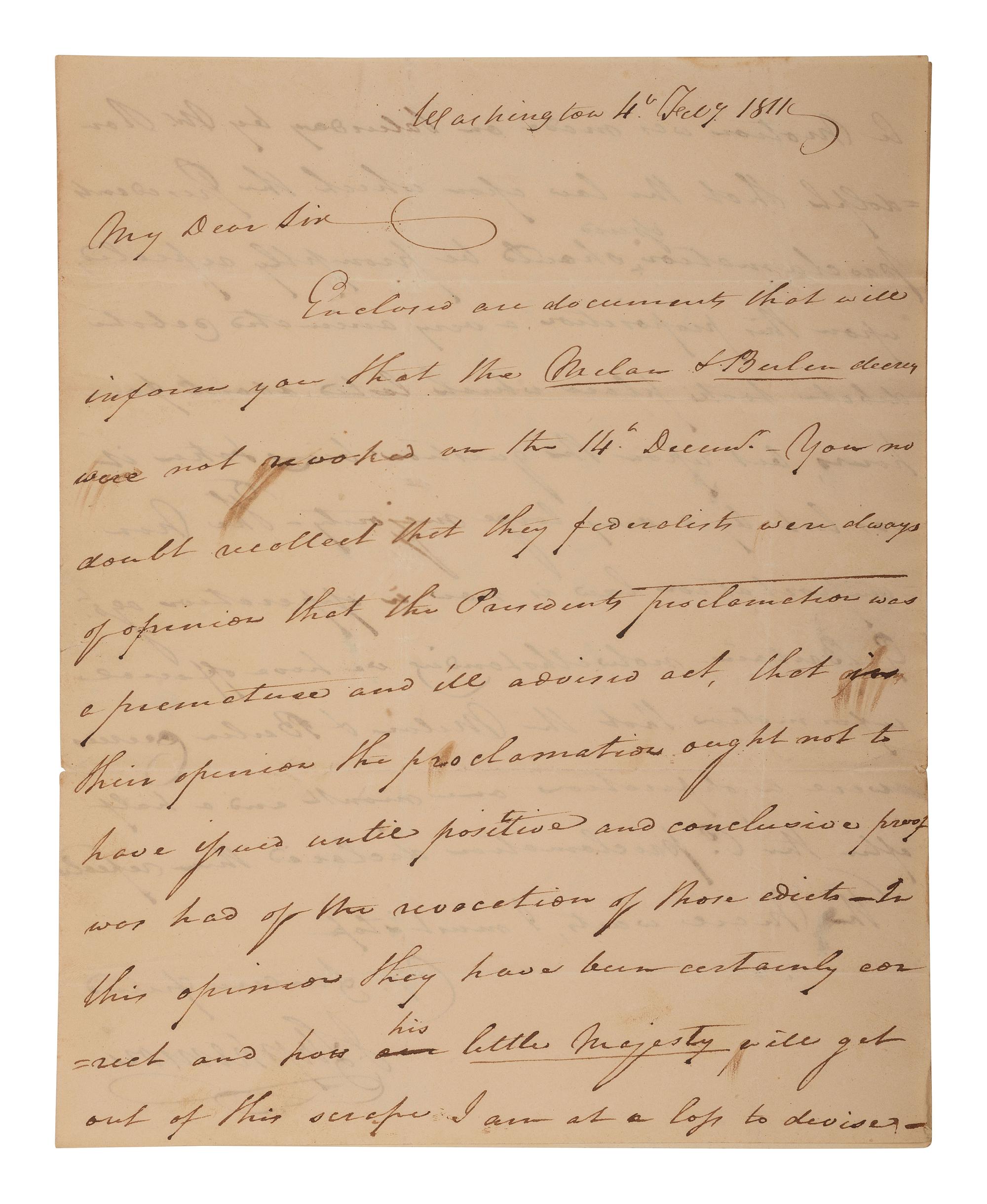 [POLITICS] [WAR OF 1812]. 2 ALSs , including letters from James STEPHENSON (1764-1833) & William VERNON.