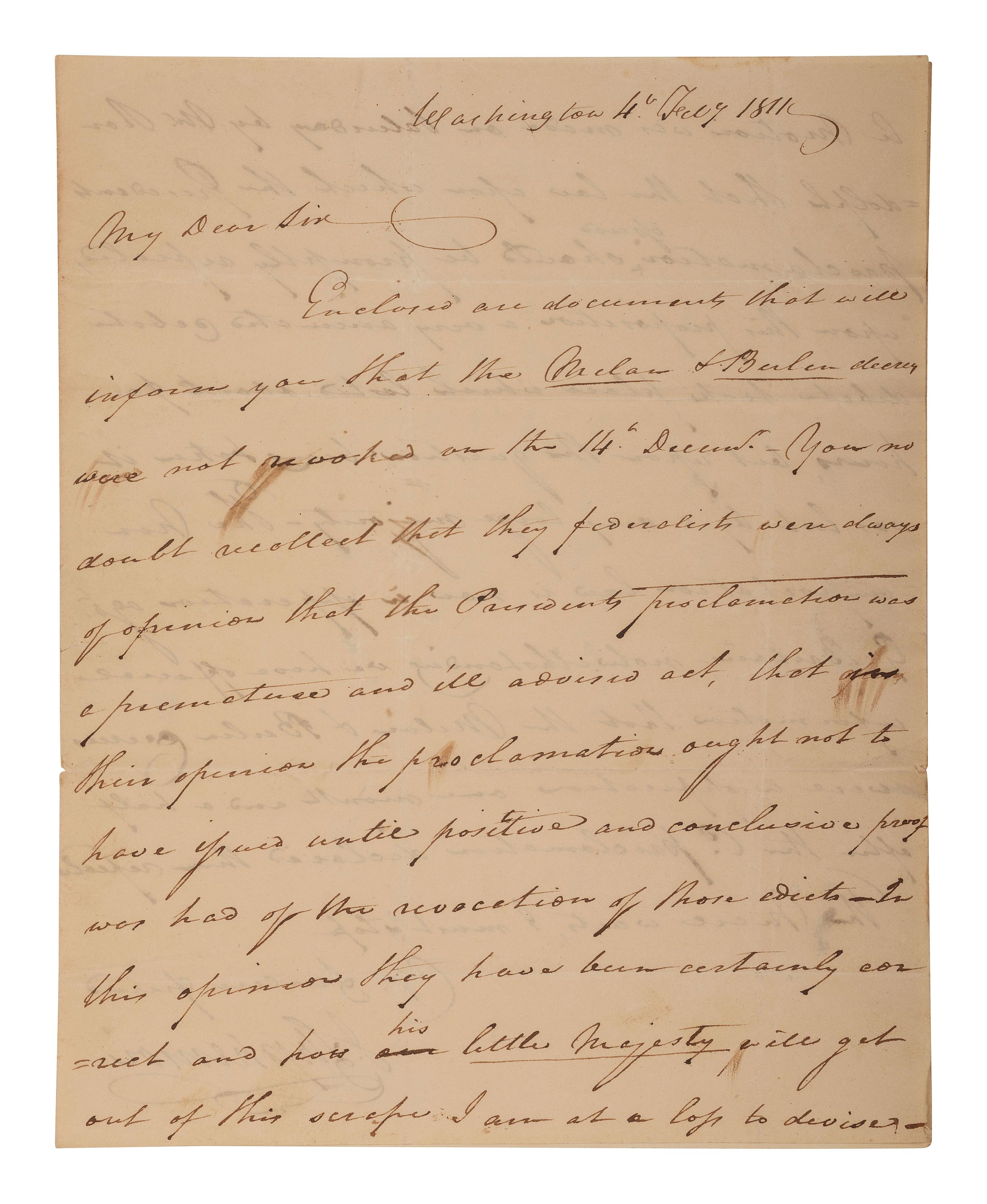 [POLITICS] [WAR OF 1812]. 2 ALSs , including letters from James STEPHENSON (1764-1833) & William VERNON.