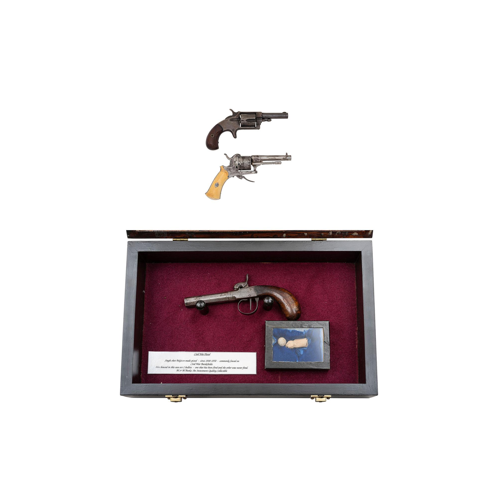 Belgian Turn-Off Pistol in Display Case and Two Pocket Cartridge Revolvers
