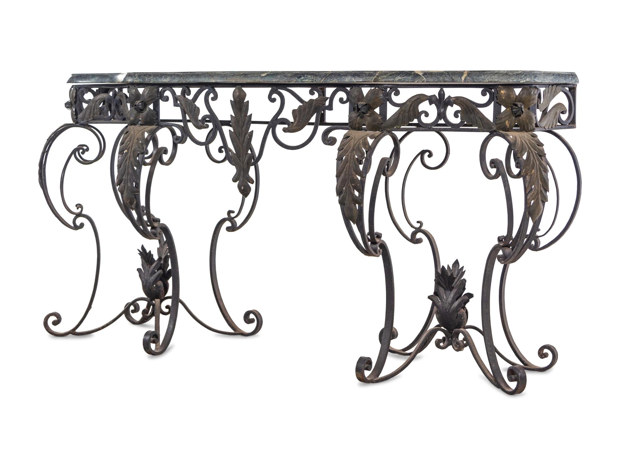 A French Style Steel and Marble-Top Console Table