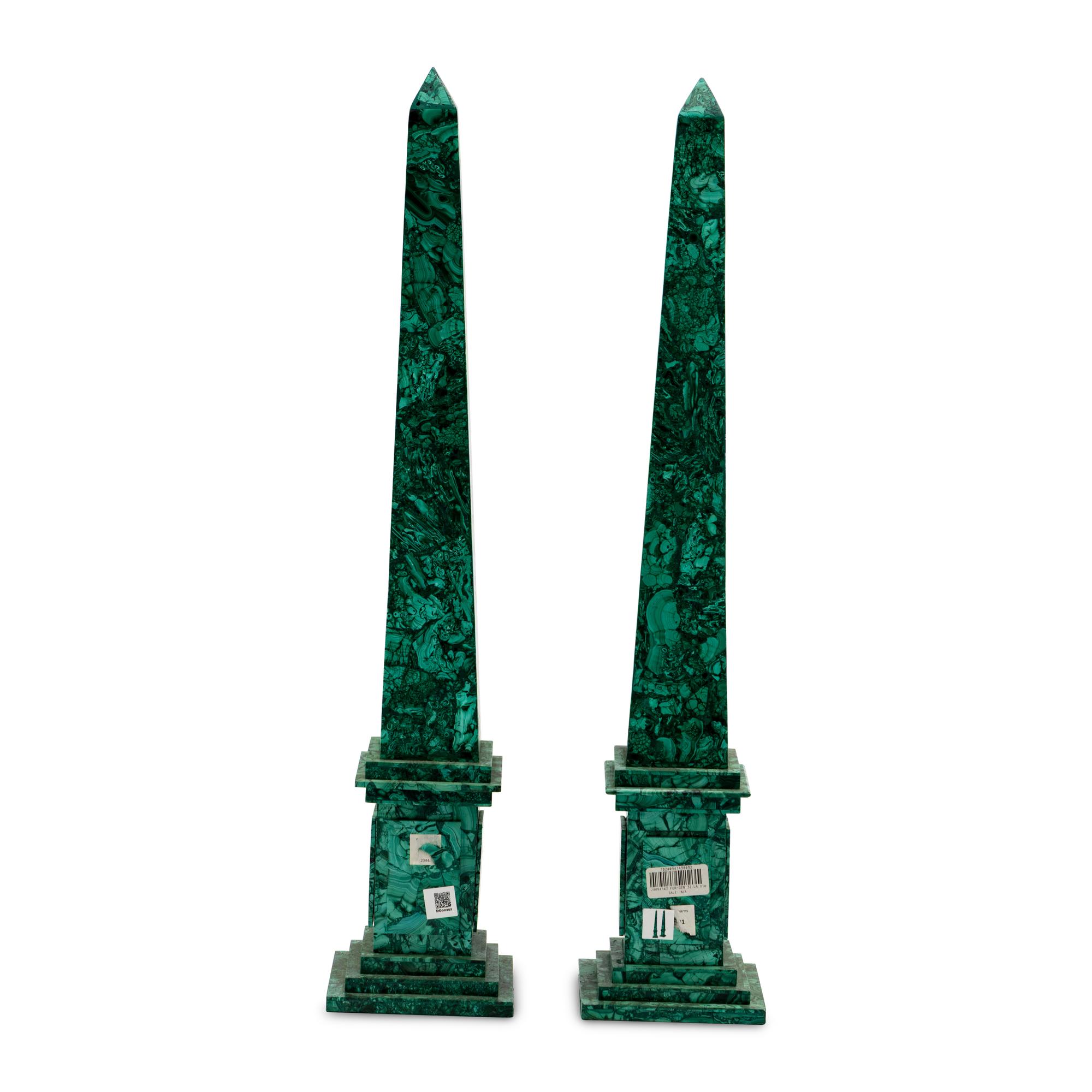 A Pair of Malachite Veneered Obelisks