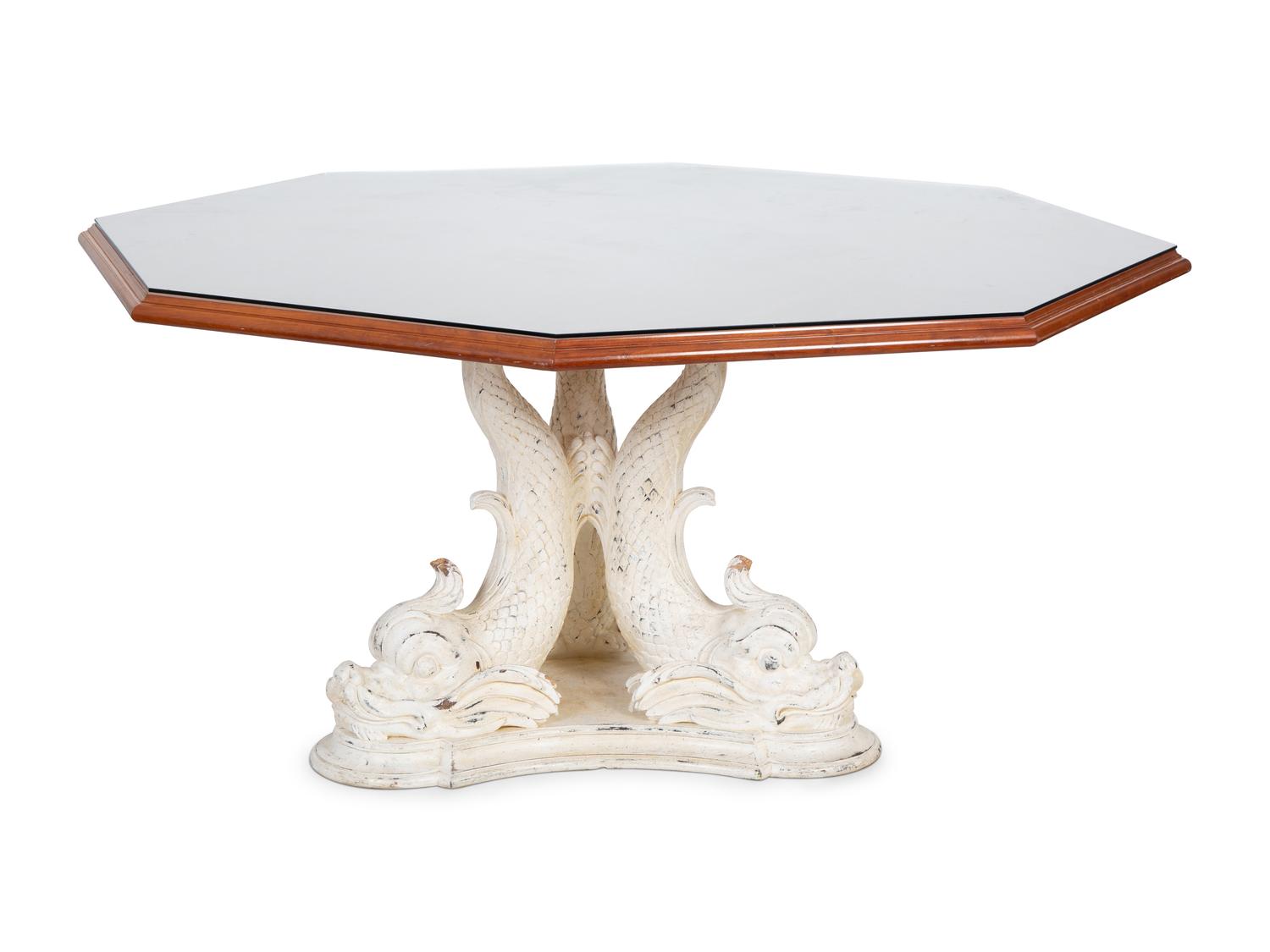 A Carved and Painted Dolphin Base Dining Table with a Later Octagonal Teak Top — 19TH/20TH CENTURY