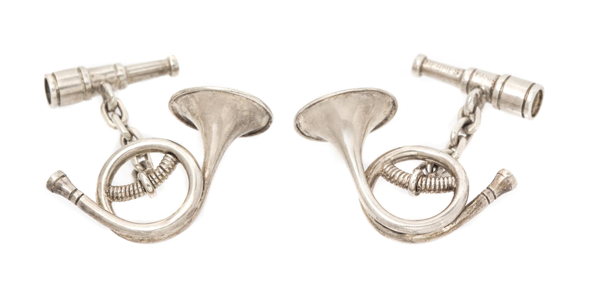 A Vintage Pair of Silver Fox Hunt Motif Cufflinks, Hermes, 6.70 dwts.