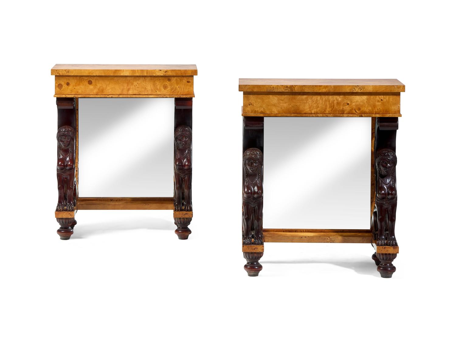 A Pair of Directoire Style Burlwood Console Tables