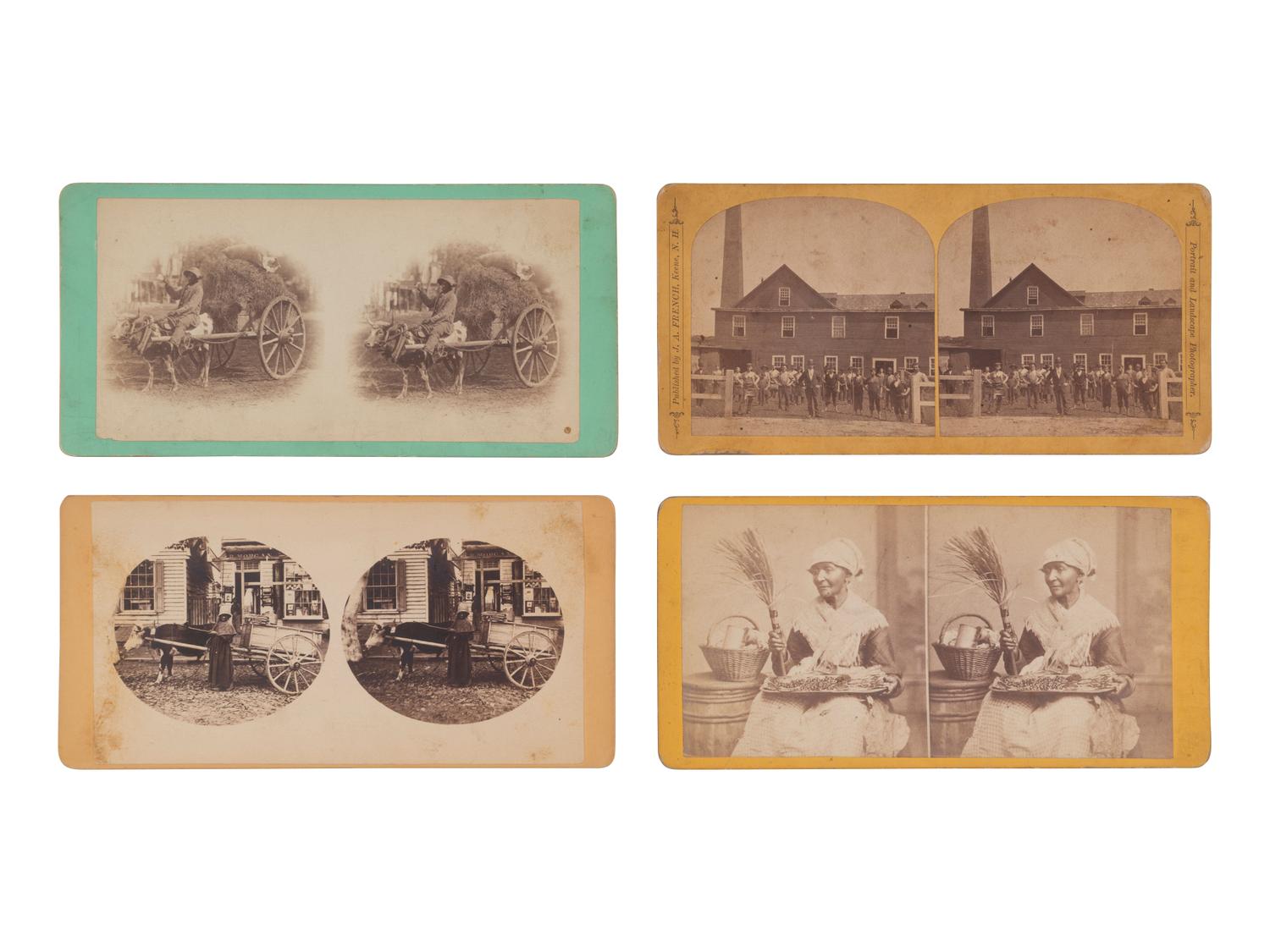 [EARLY PHOTO.] 11 occupational stereoviews, many showing Black men and women with ox-drawn carts.