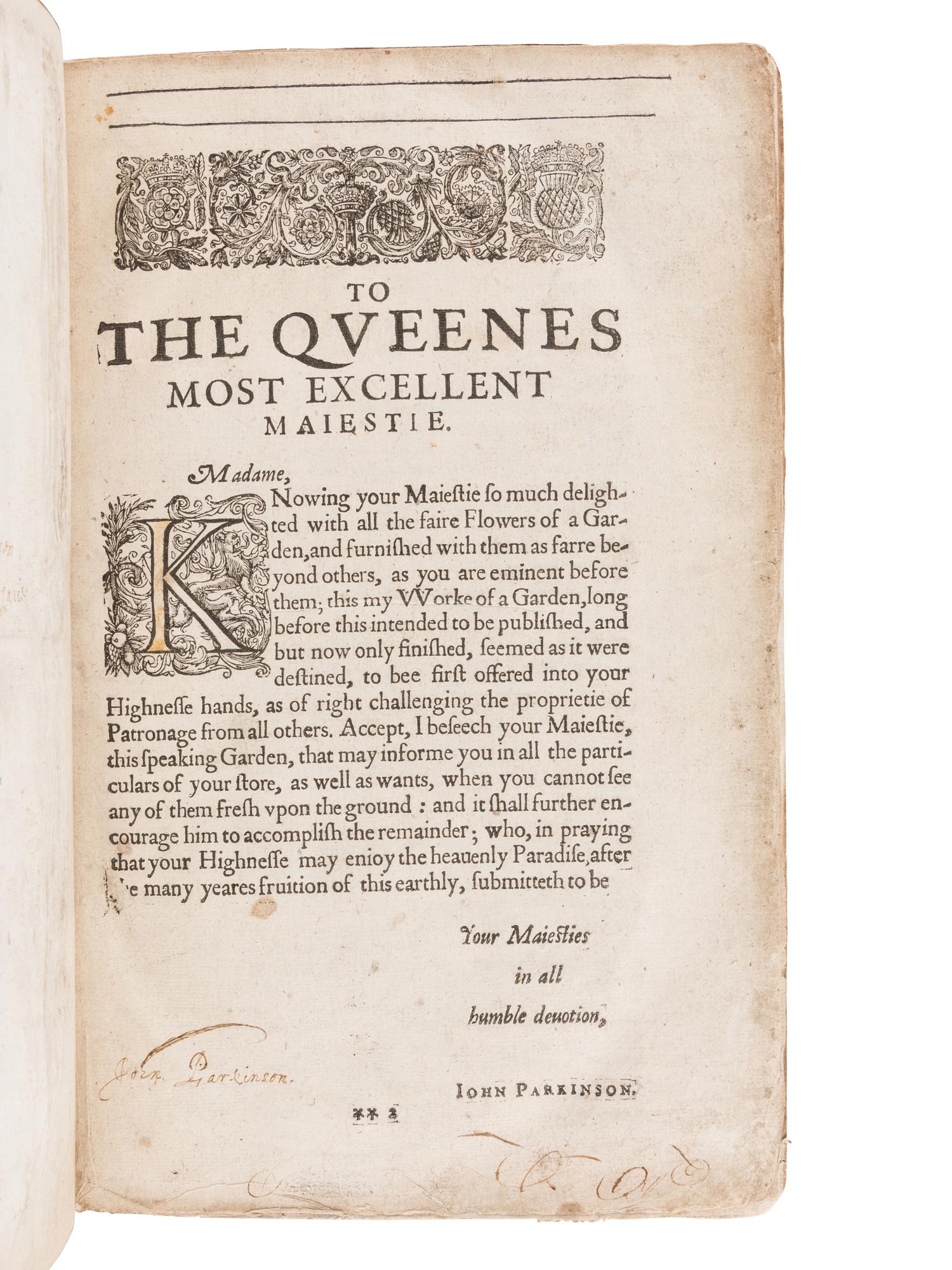 PARKINSON, John (1567-1650). Paradisi in sole Paradisus Terrestris. Or a Garden of all sorts of pleasant flowers . London: Humfrey Lownes and Robert Young, 1629.
