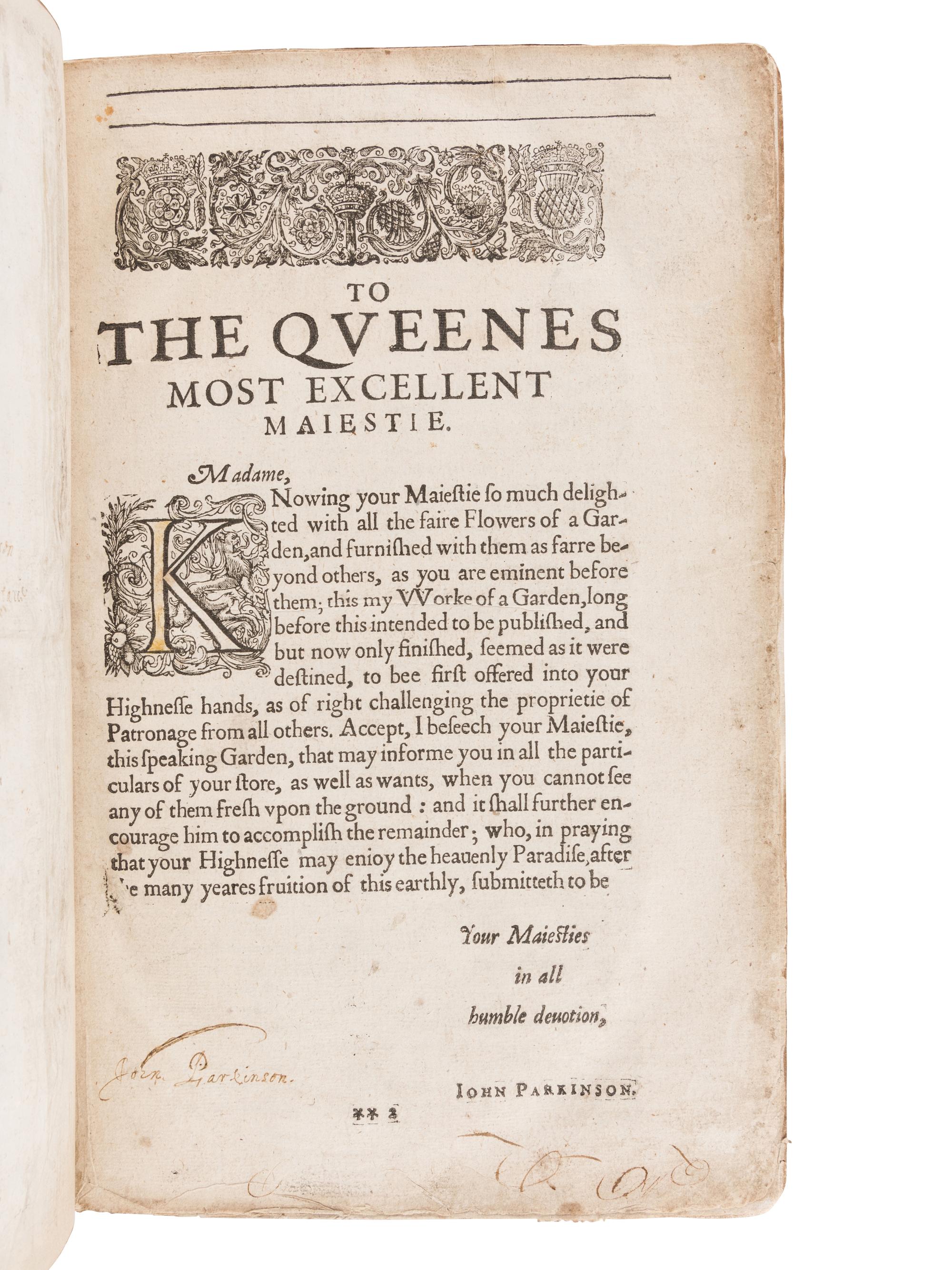 PARKINSON, John (1567-1650). Paradisi in sole Paradisus Terrestris. Or a Garden of all sorts of pleasant flowers . London: Humfrey Lownes and Robert Young, 1629.