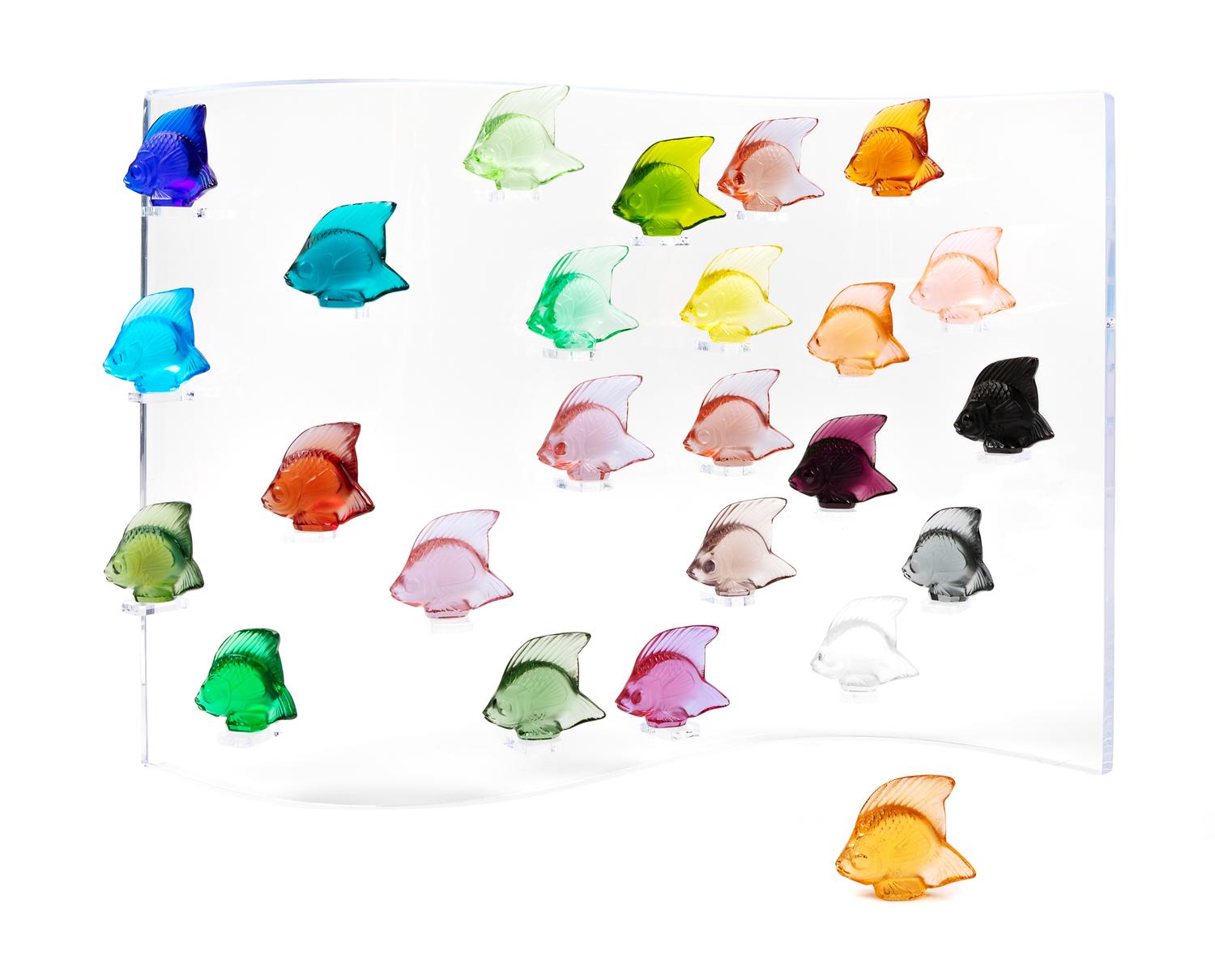 A Lalique Aquarium Colored Glass Set Height of fish 1 3/4 inches.