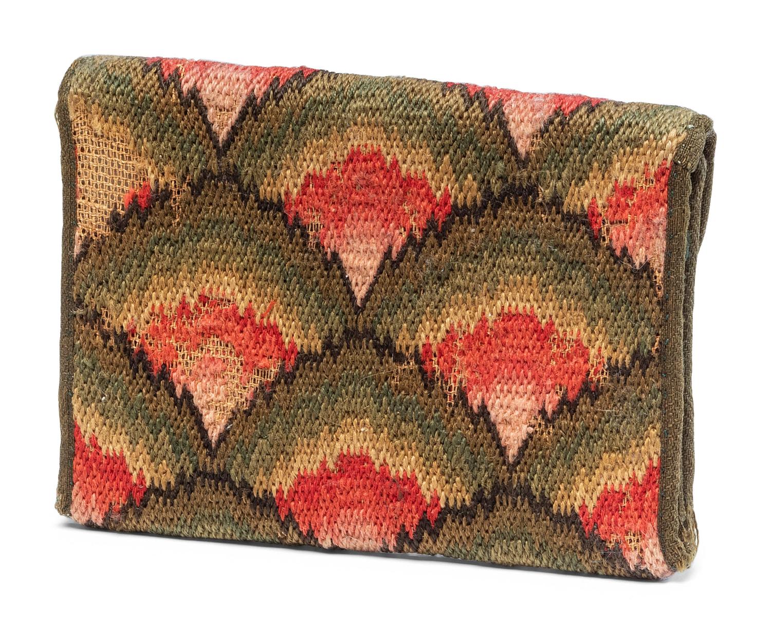 A Queen Anne Flamestitch Wool Lady’s Purse with Engraved Silver Closure