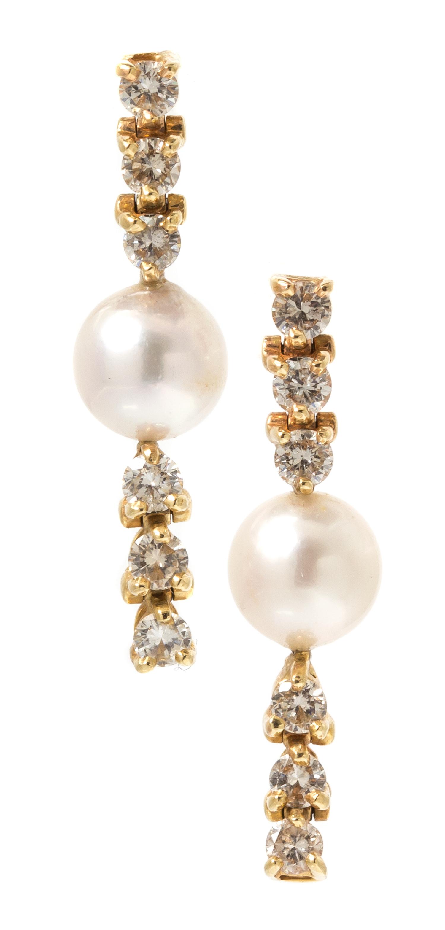 A Pair of 14 Karat Yellow Gold, Diamond and Cultured Pearl Earrings, 3.30 dwts.