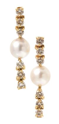 A Pair of 14 Karat Yellow Gold, Diamond and Cultured Pearl Earrings, 3.30 dwts.