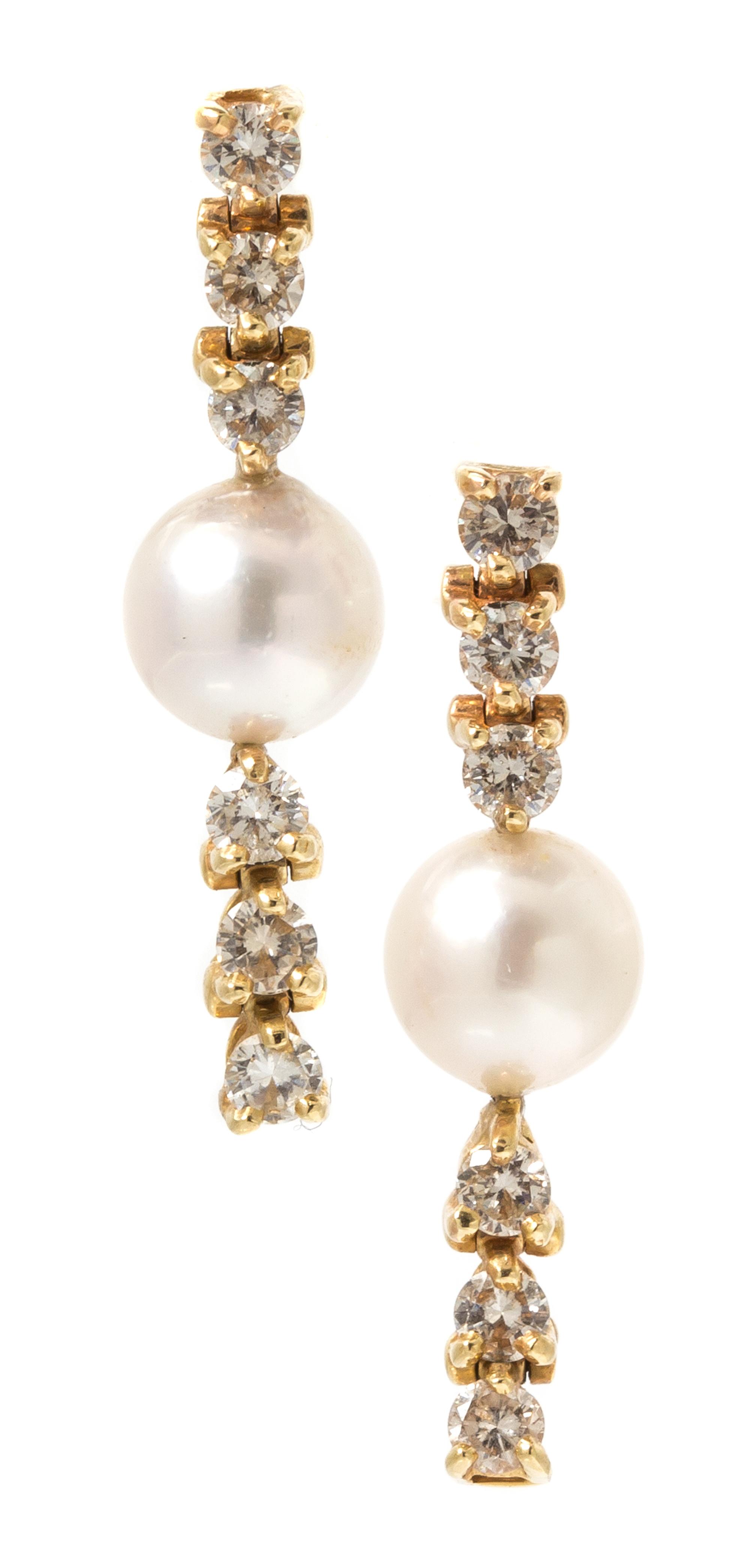 A Pair of 14 Karat Yellow Gold, Diamond and Cultured Pearl Earrings, 3.30 dwts.