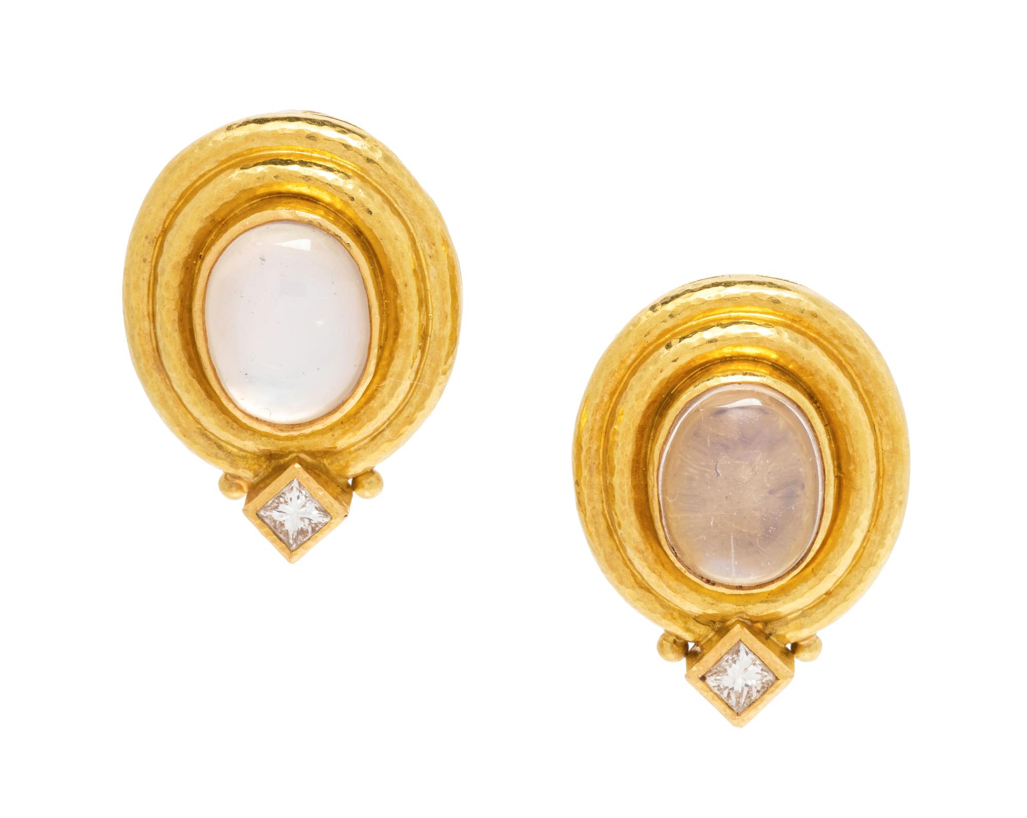 A Pair of 18 Karat Yellow Gold, Moonstone and Diamond Earclips, Elizabeth Locke,