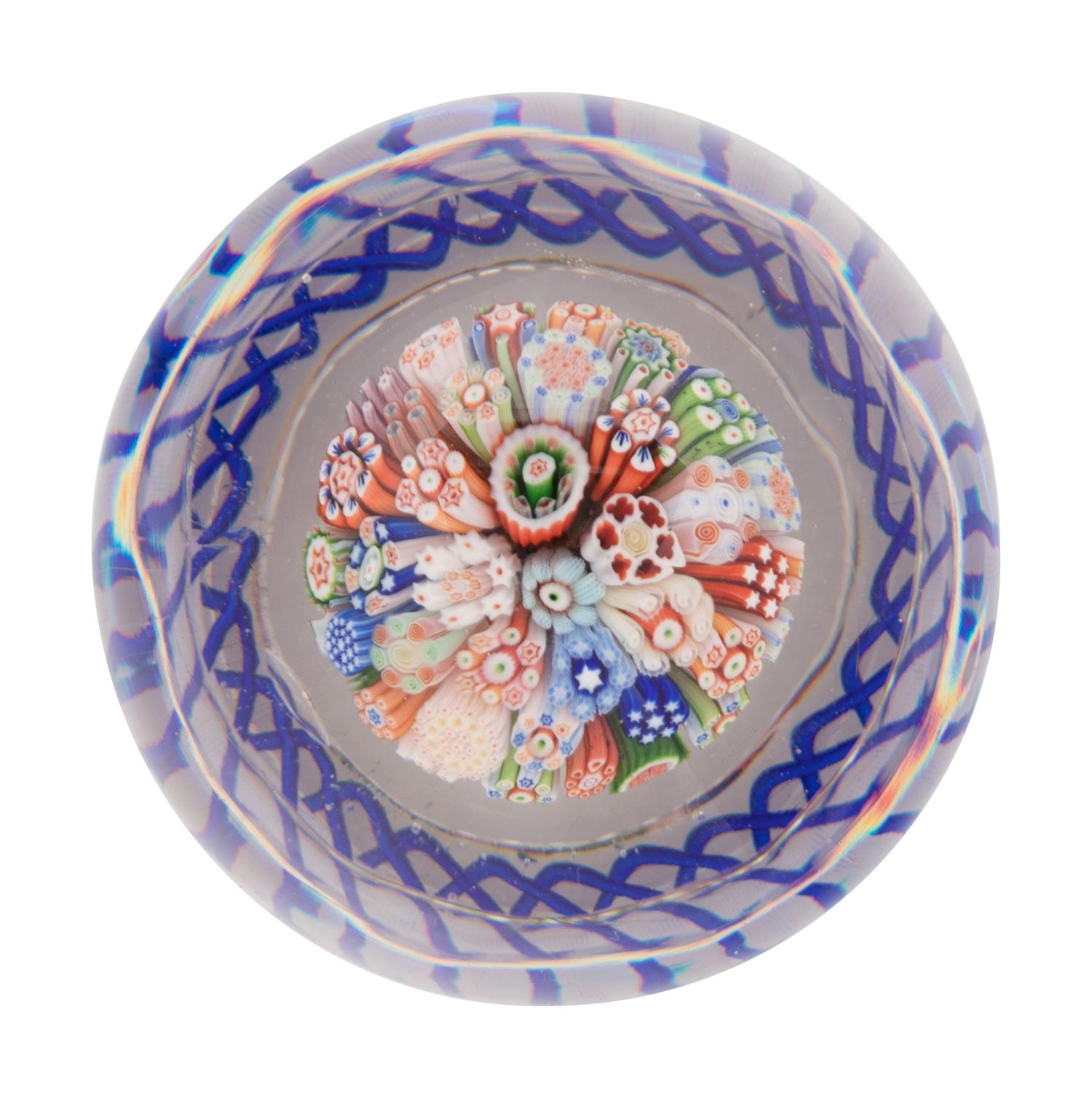 A Baccarat Close Packed Millefiori Mushroom with Blue Torsade Glass Paperweight
