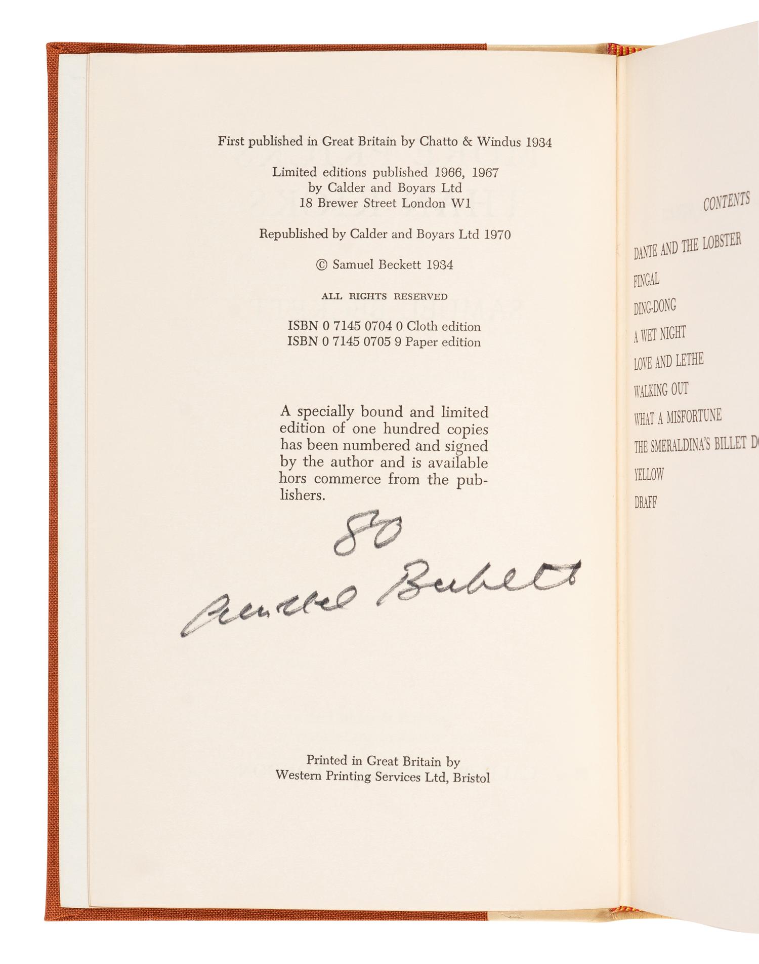 BECKETT, Samuel (1906-1989). More Pricks than Kicks . London: Calder & Boyars, 1970.