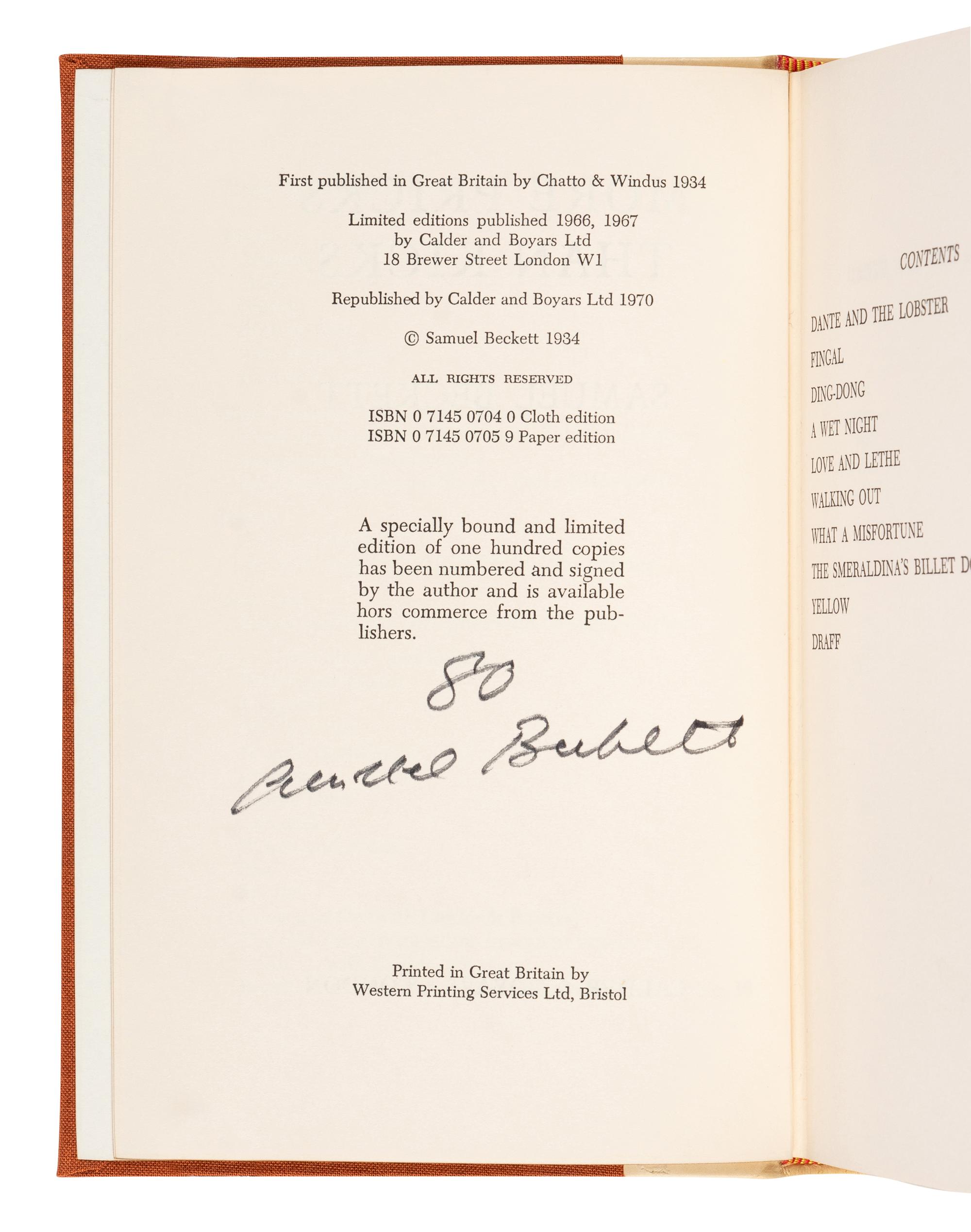 BECKETT, Samuel (1906-1989). More Pricks than Kicks . London: Calder & Boyars, 1970.