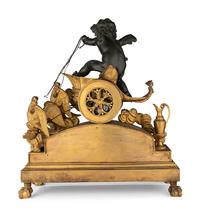 A Large Empire Ormolu and Green Patinated Bronze Figural Clock