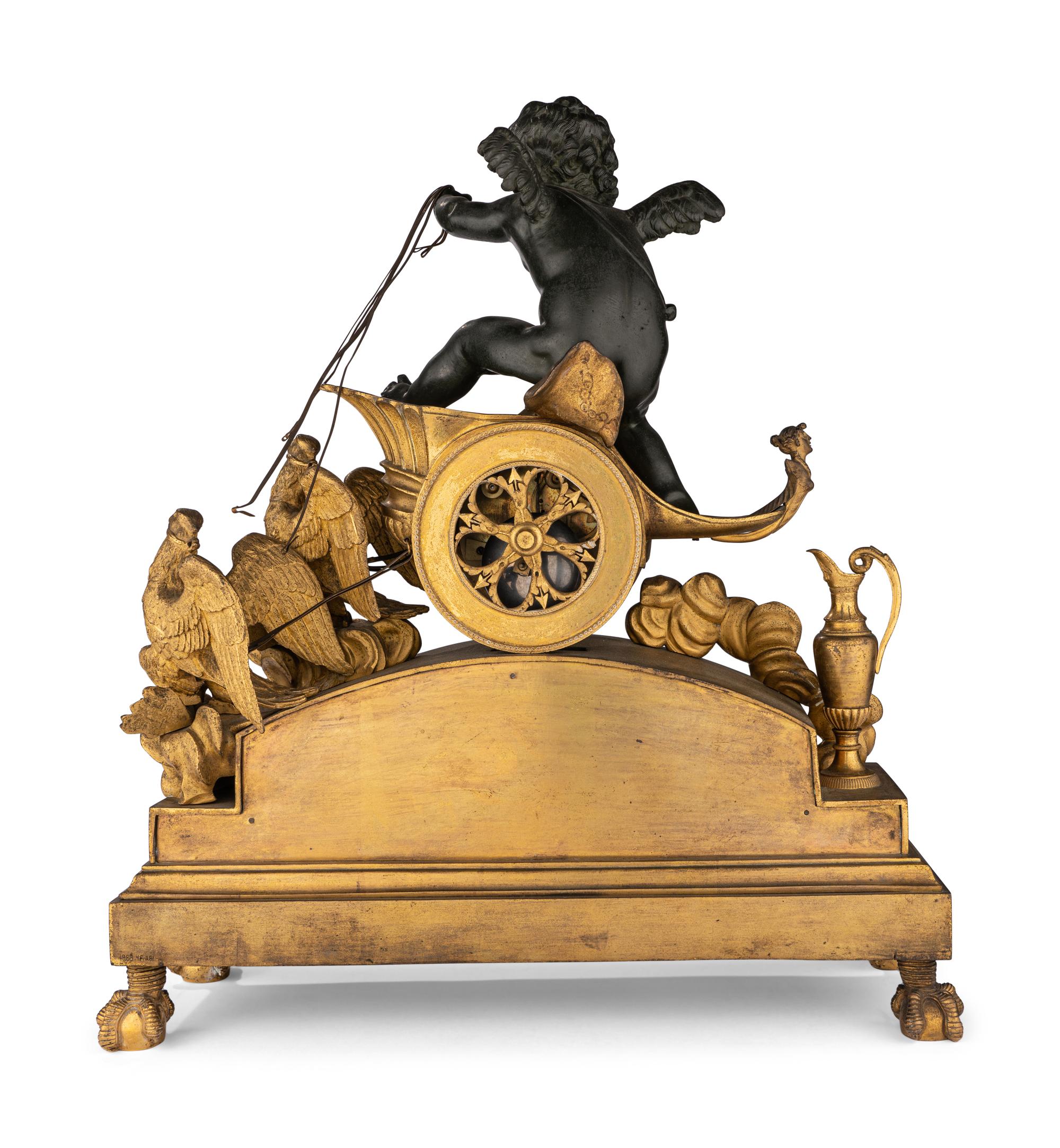 A Large Empire Ormolu and Green Patinated Bronze Figural Clock