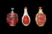 Three Chinese Red Overlay Glass Snuff Bottles