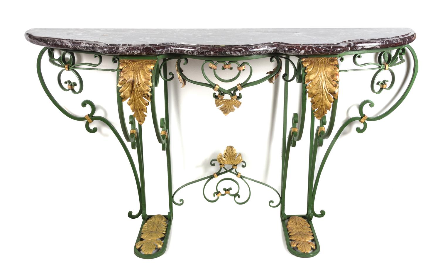 A Painted and Parcel Gilt Wrought Iron Console Table Height 35 x width 64 x depth 18 inches. — 20TH CENTURY