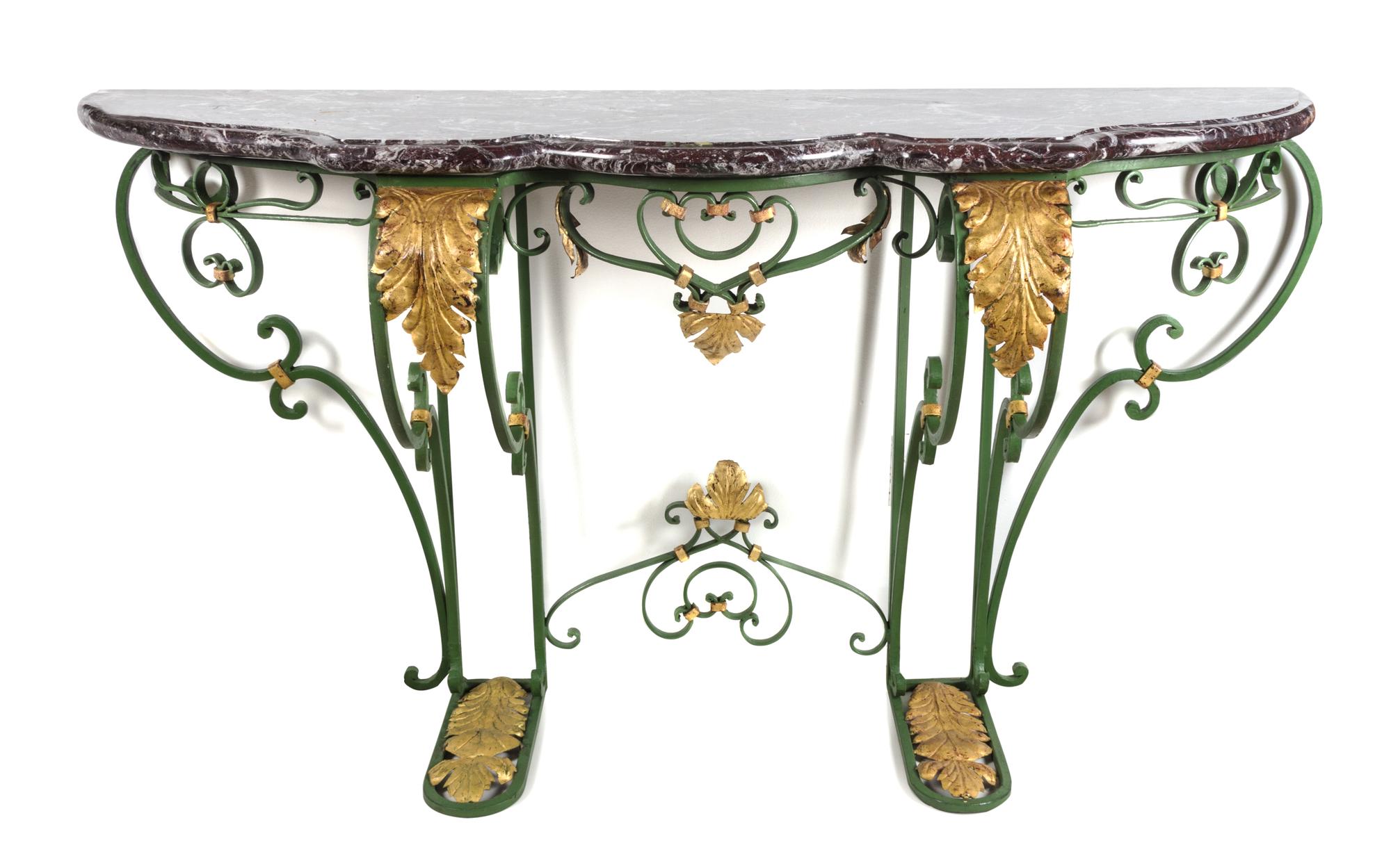A Painted and Parcel Gilt Wrought Iron Console Table Height 35 x width 64 x depth 18 inches. — 20TH CENTURY