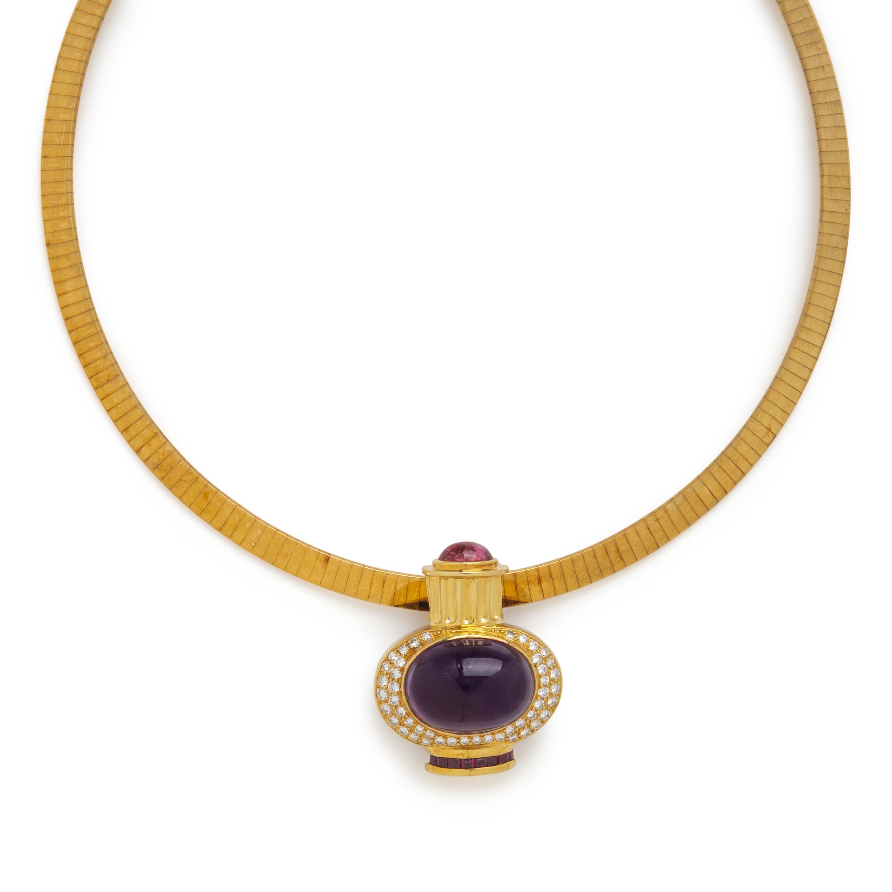 Lagos, Multigem, Diamond, and Yellow Gold Pendant Brooch with Unsigned Omega Necklace