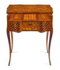 A Louis XV Style Parquetry Table a Ecrire Height 29 1/2 x width 27 1/4 x depth 17 1/2 inches. — ATTRIBUTED TO PAUL SORMANI, PARIS, LATE 19TH CENTURY