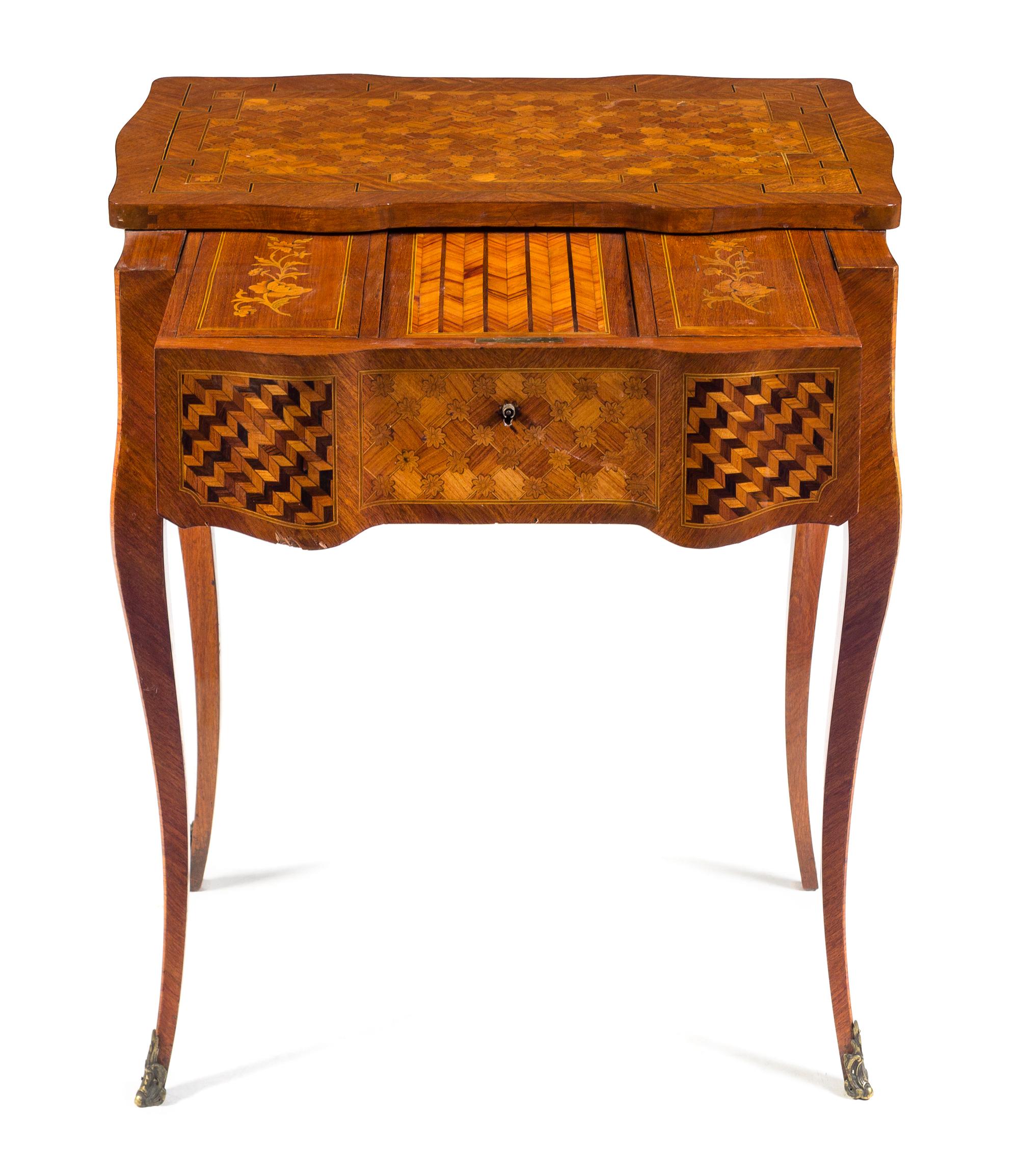 A Louis XV Style Parquetry Table a Ecrire Height 29 1/2 x width 27 1/4 x depth 17 1/2 inches. — ATTRIBUTED TO PAUL SORMANI, PARIS, LATE 19TH CENTURY