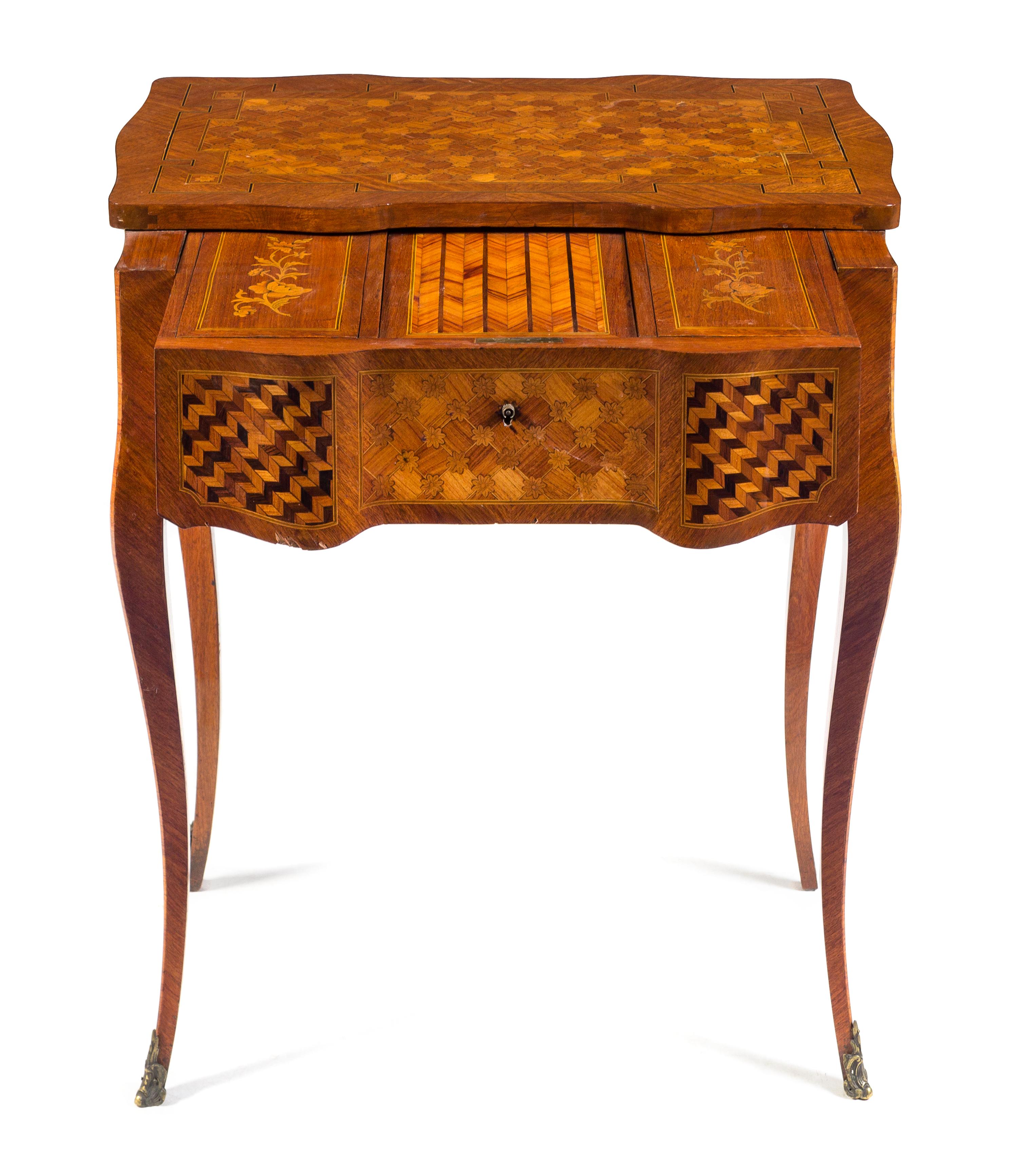 A Louis XV Style Parquetry Table a Ecrire Height 29 1/2 x width 27 1/4 x depth 17 1/2 inches. — ATTRIBUTED TO PAUL SORMANI, PARIS, LATE 19TH CENTURY