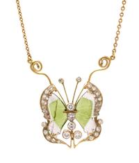 A Yellow Gold, Diamond and Fluorite Butterfly Motif Necklace, 8.40 dwts.
