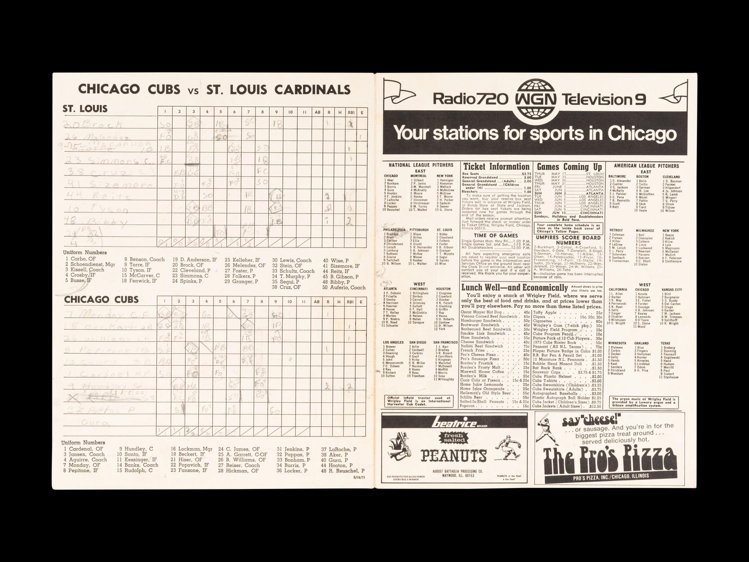 A Group of 12 1960s-70s Chicago Cubs Wrigley Field Signed Autograph Scorecards (Including Ernie Banks, Billy Williams, Fergie Jenkins and Ron Santo)