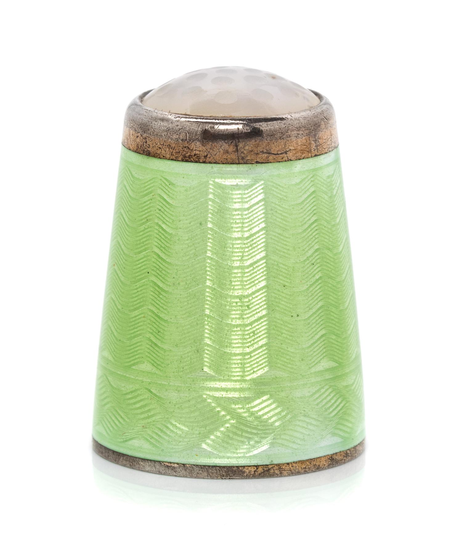 A Norwegian Silver and Guilloche Enamel Thimble, Aksel Holmsen, Sandefjord, 20th Century, the hardstone inset top above a green guilloc