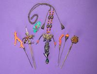 Seven Chinese Red Coral Embellished Jewelry Pieces