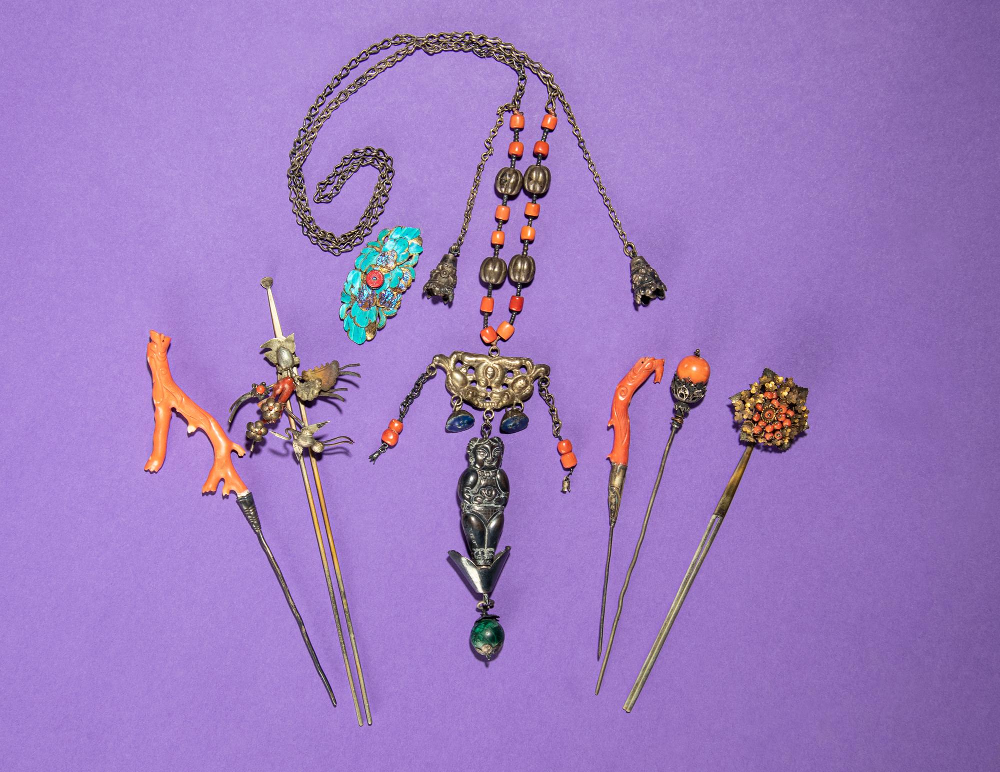 Seven Chinese Red Coral Embellished Jewelry Pieces